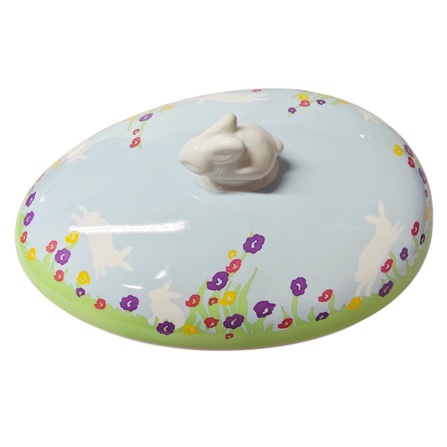 NIB See's Candies Easter Candy Dish Ceramic Lidded Bunny Knob Lid 7.5" Floral