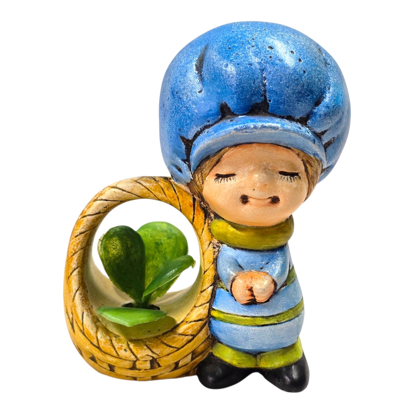 Vtg Big Bonnet Girl Figurine Basket Planter Blue Hat Air Plant Holder 3"