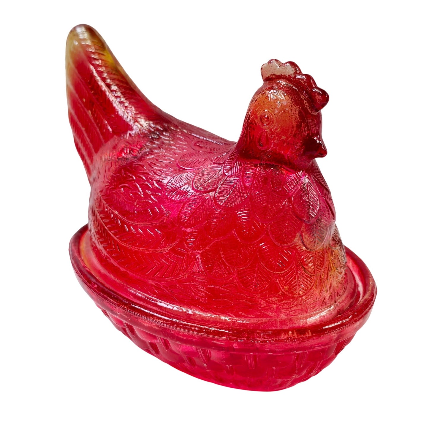 Vintage Red Amberina Flashed Glass Hen on Nest Lidded Candy Dish