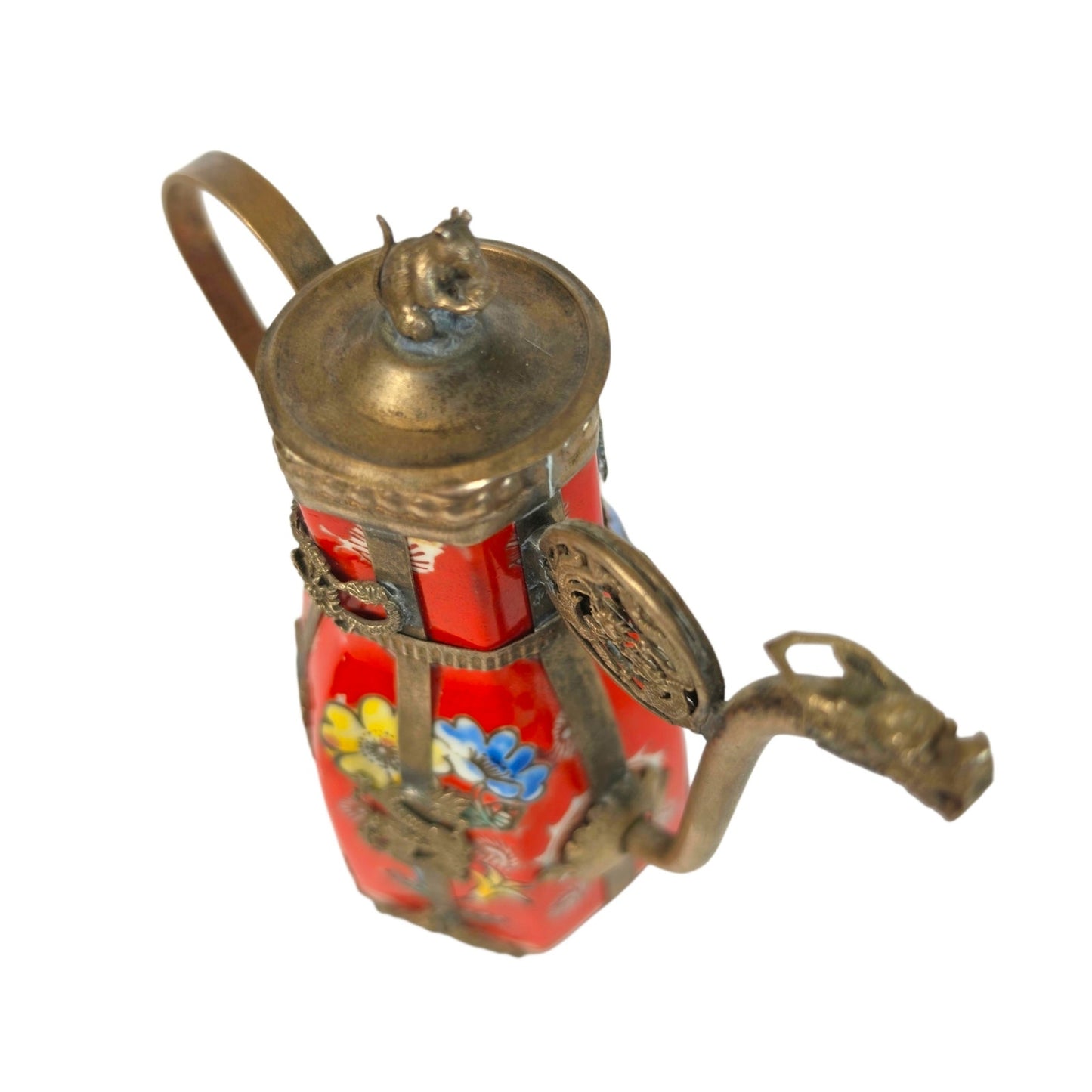 Vintage Miniature Tibetan Porcelain Teapot Metal Filigree Red Dragon Squirrel