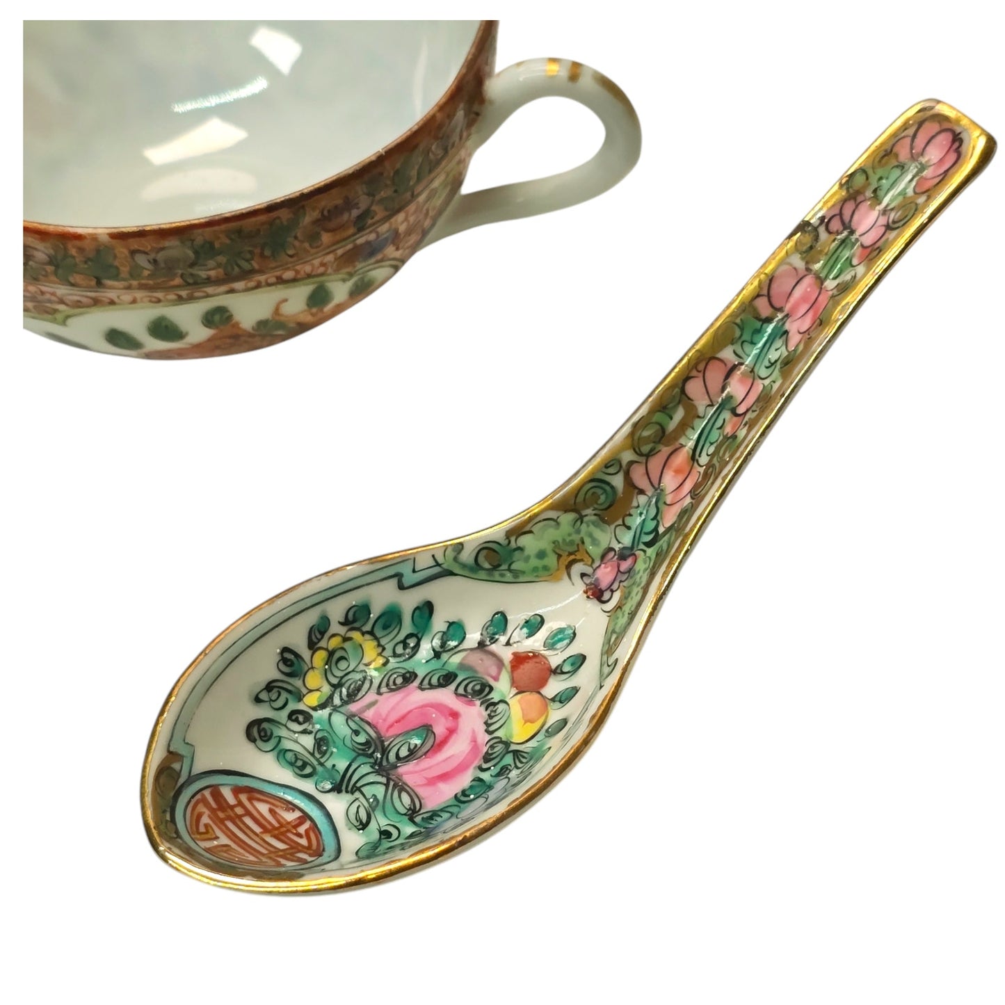 Antique Chinese Rose Medallion Porcelain Teacup with Vintage Japan Porcelainware Soup Spoon