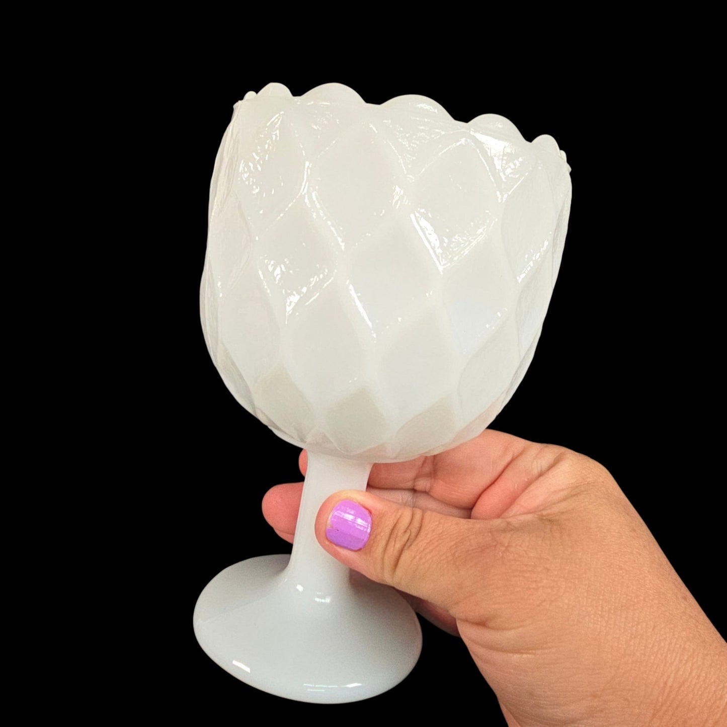 Vintage Milk Glass Pedestal Goblet Diamond Quilt Pattern Vase White Retro