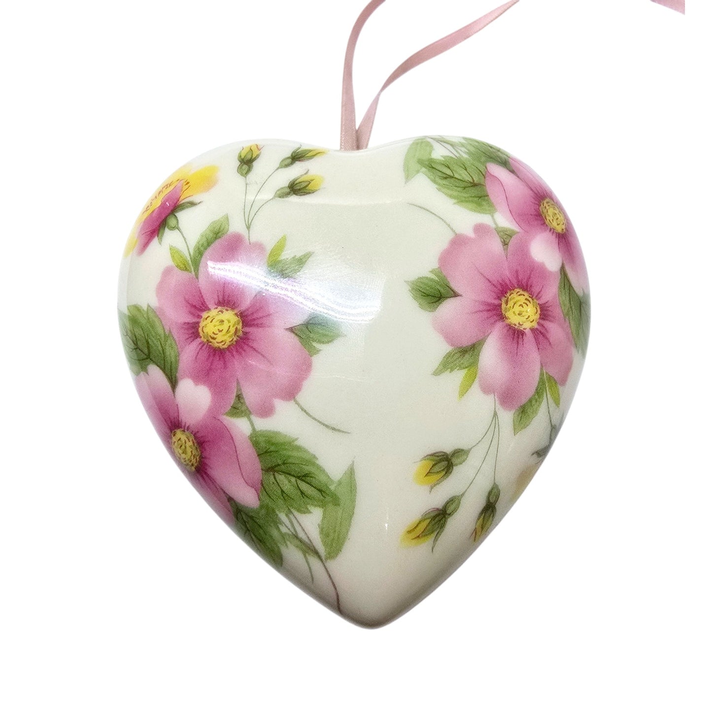 Vintage Porcelain Heart Shaped Pomander with Pink Flowers by Flora Collections