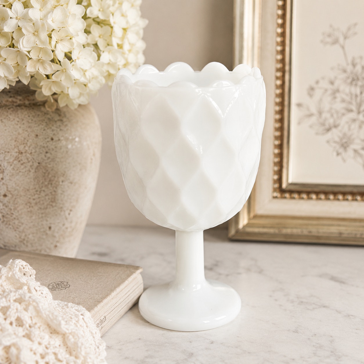 Vintage Milk Glass Pedestal Goblet Diamond Quilt Pattern Vase White Retro