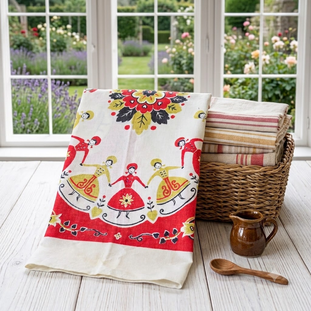 Startex Wonder-Dri Kitchen Towel Vintage Folk Art Dancers Floral Red White