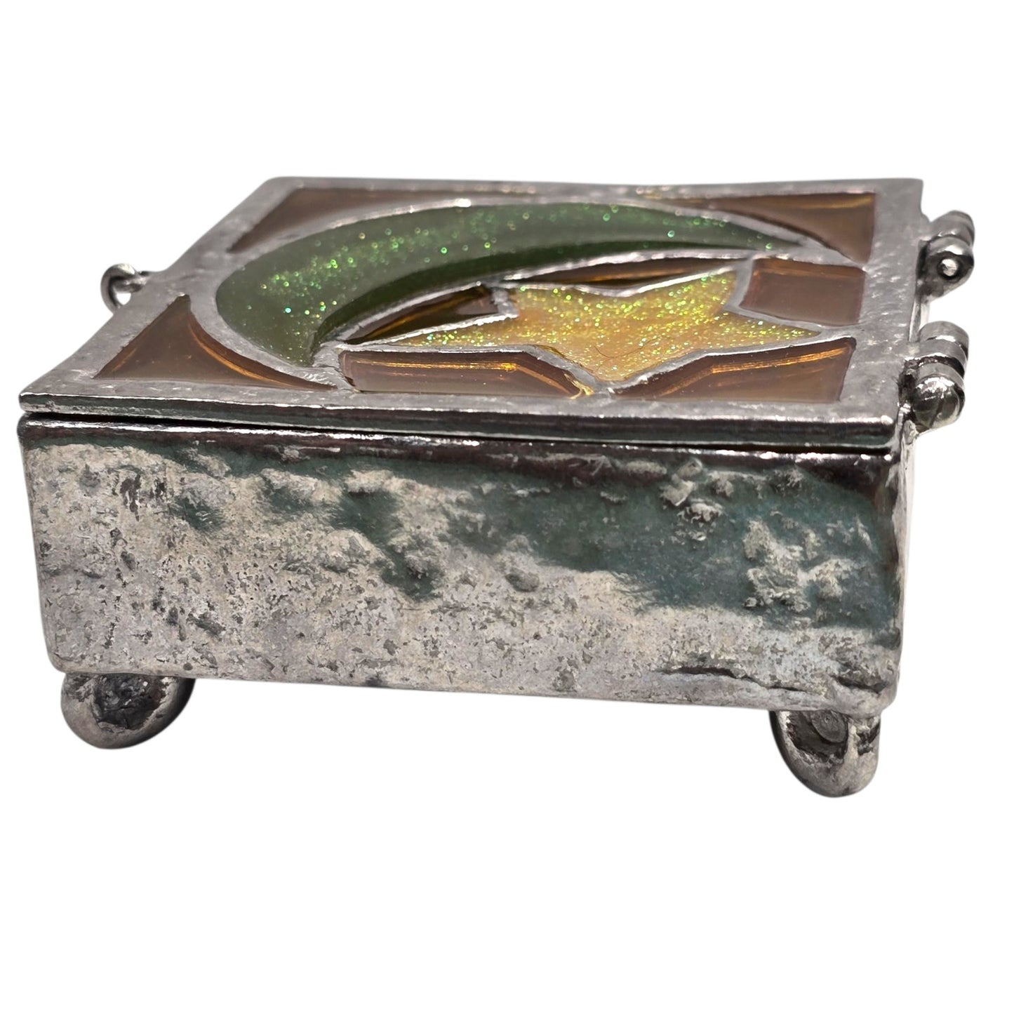 Vtg Stained Glass Moon Star Trinket Box Pewter Tone Soldered Metal Made USA