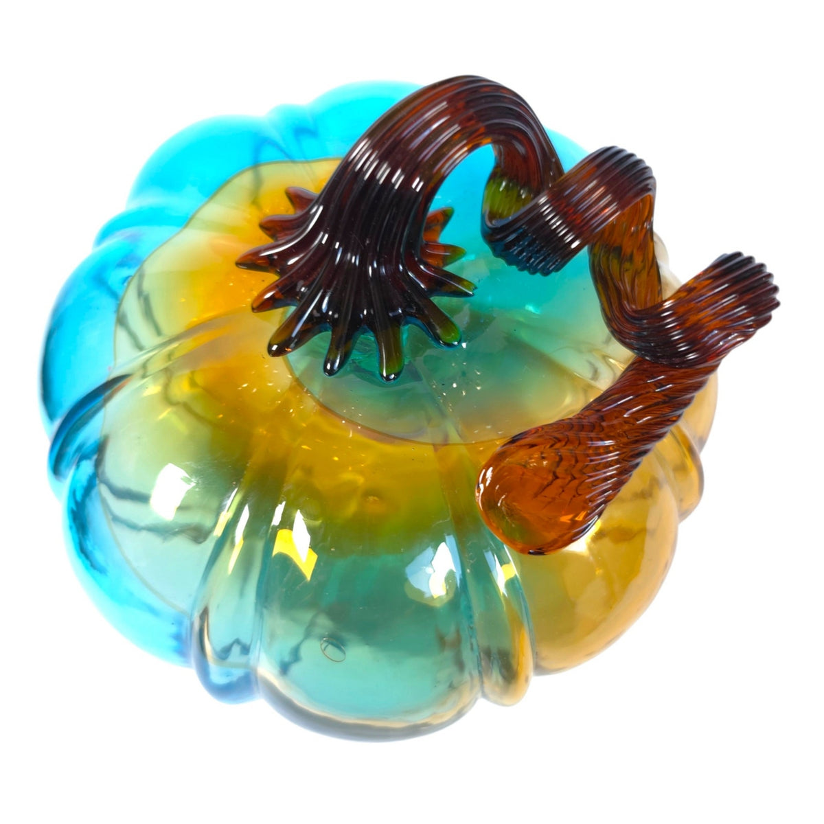 Hand Blown Art Glass Pumpkin Turquoise Blue Amber Brown Curly Stem Fall Decor