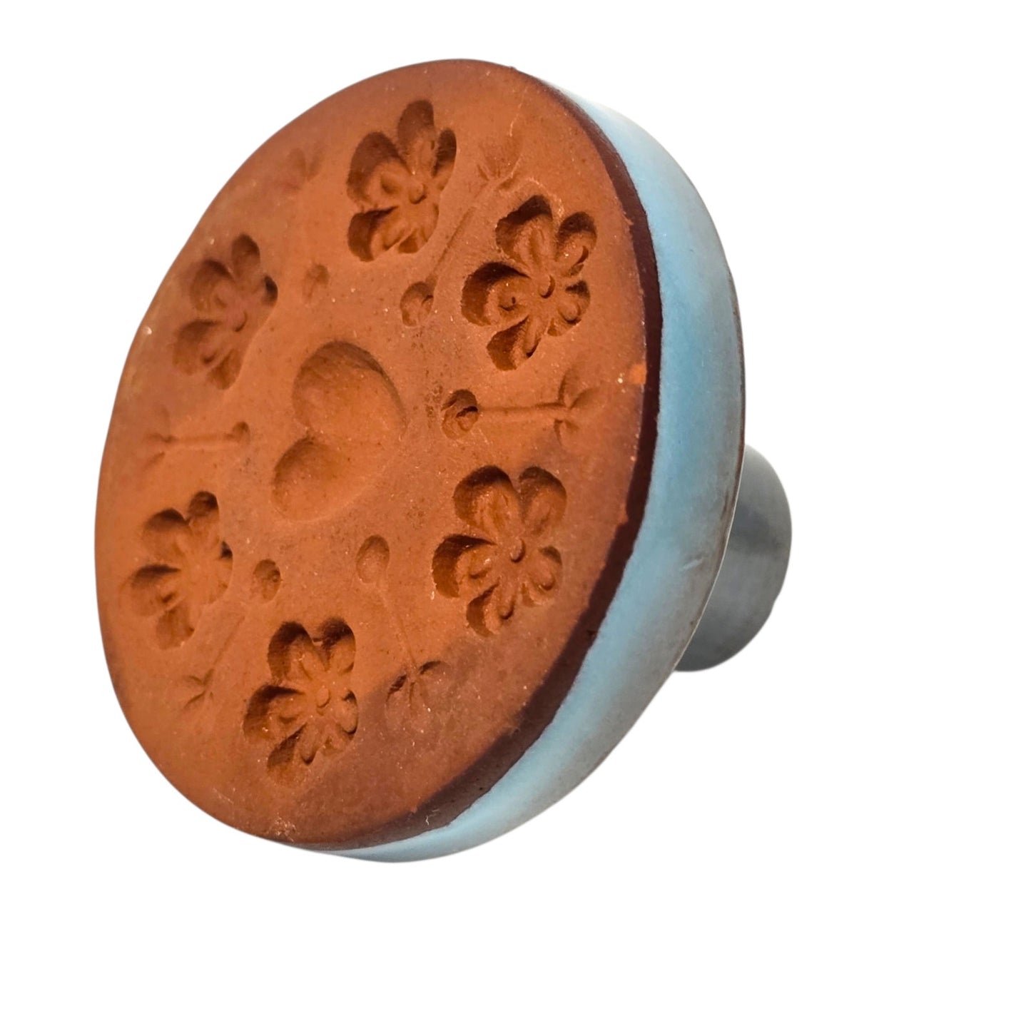 Rycraft Cookie Stamp Terra Cotta Blue Glazed Ceramic Butter Press Flower MCM