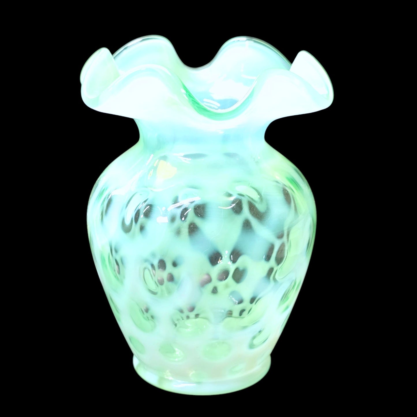 Vintage Fenton Aqua Blue Coin Dot Opalescent Glass Bud Vase Ruffled Crimped Edges 5.5"