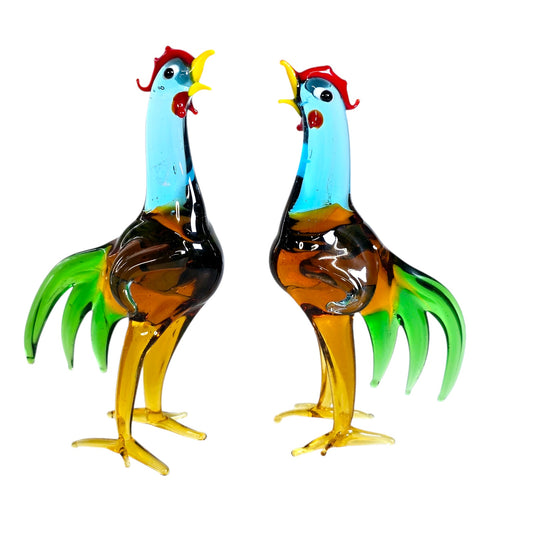 Handblown Pair of Red, Yellow, Blue, Green, Amber, Orange Art Glass Roosters, Stretch Glass Roosters