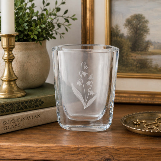 Strombergshyttan Signed Crystal Vase Vtg Swedish Art Glass Lily of Valley AS IS