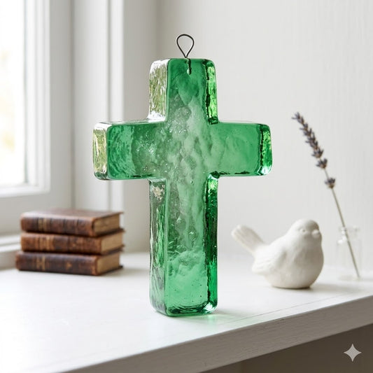 Vintage Recycled Green Glass Cross Hanging Wall Art Thick Chunky Religious Decor
