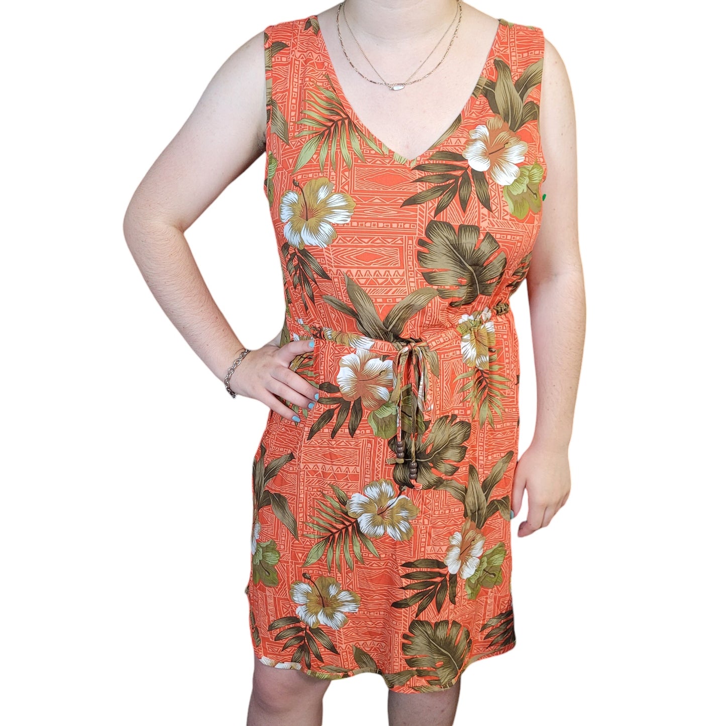 Palmwave Hawaii Sleeveless Aloha Dress, Orange Floral Dress