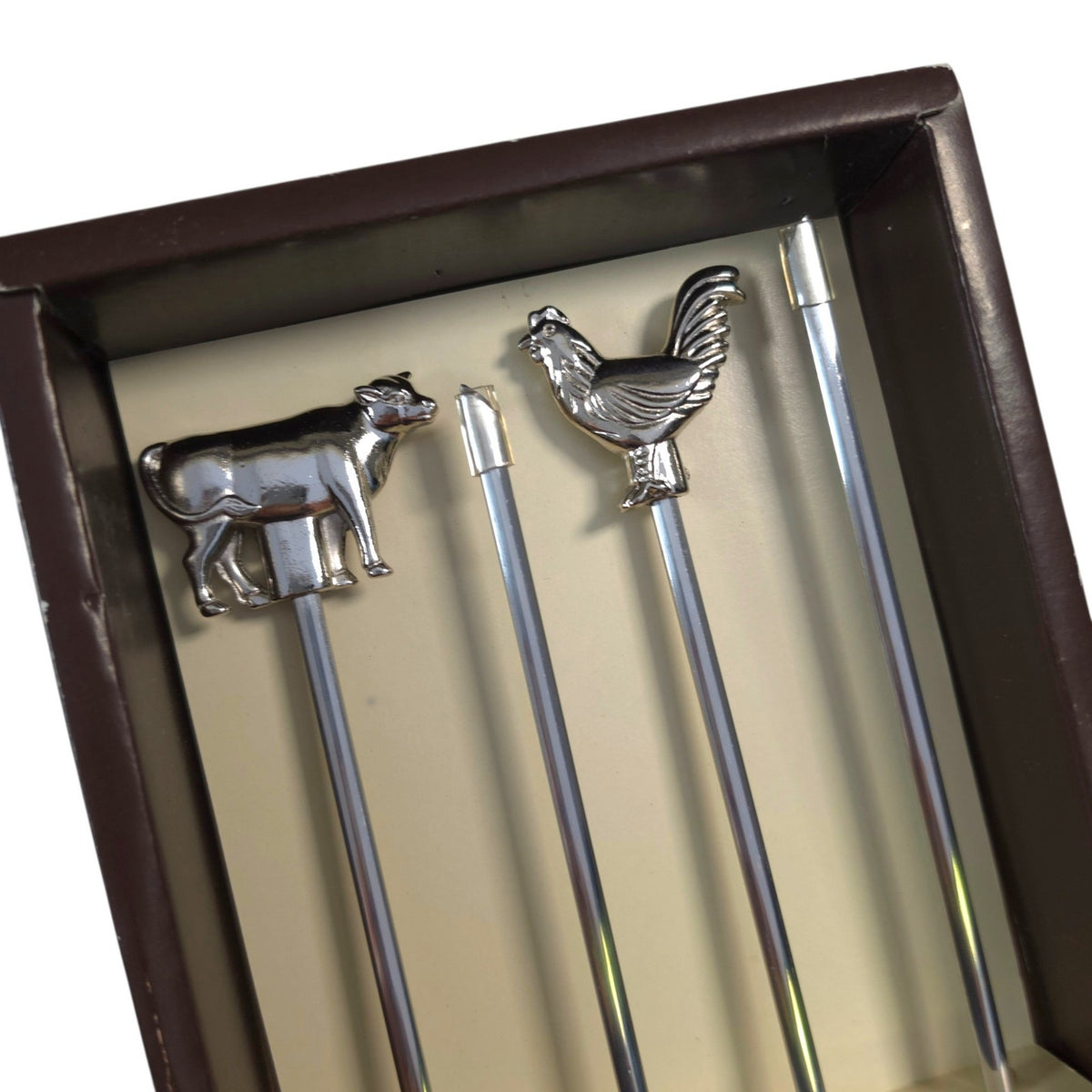 Williams-Sonoma Chrome Animal Skewers Set of 4 Cow Pig Rooster Fish NIB