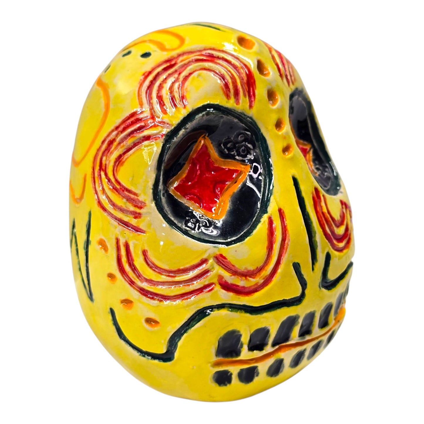 Hand Painted Ceramic Sugar Skull Dia de los Muertos Signed Folk Art Mexico Heavy