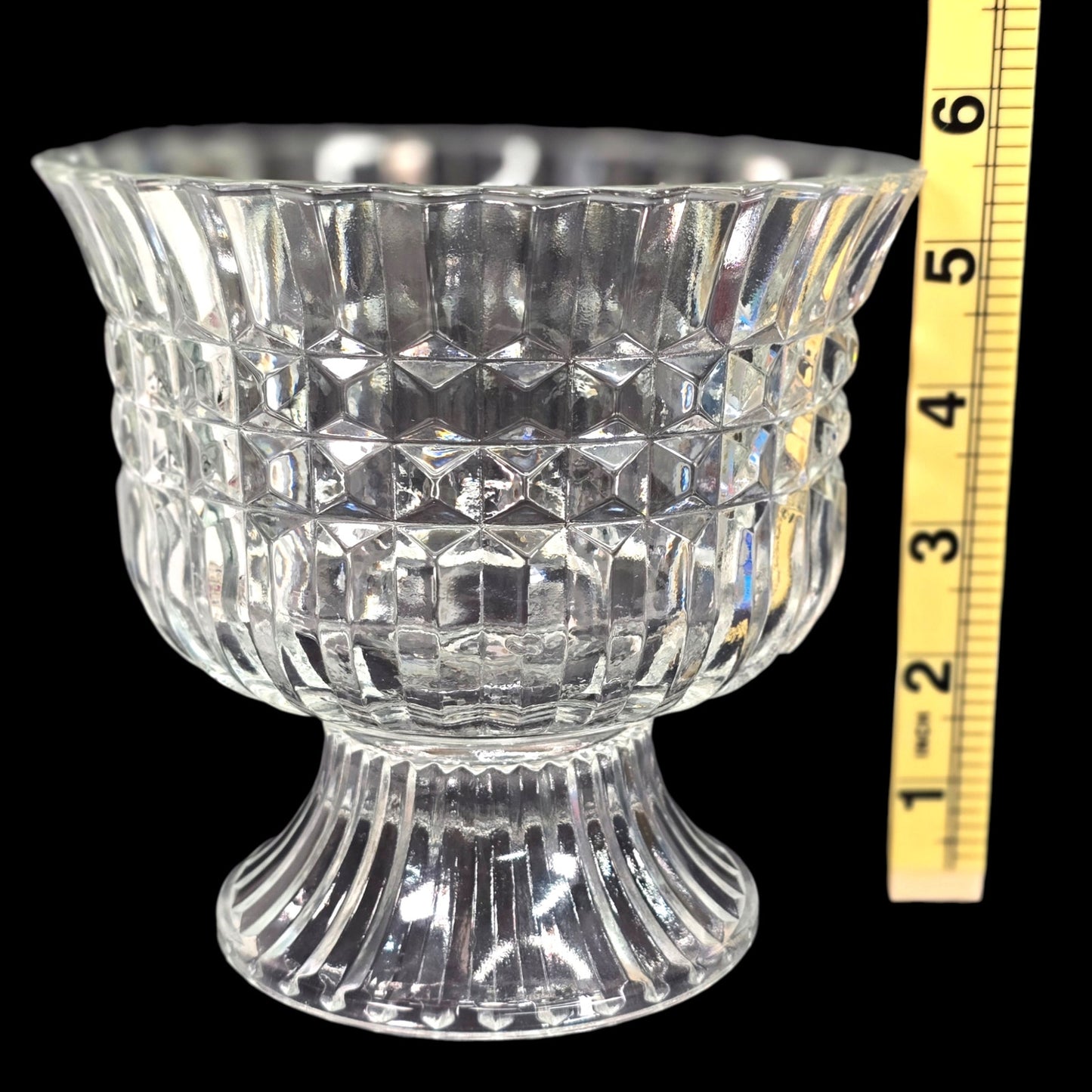 Vintage 1986 Pressed Glass Pedestal Bowl FTDA Diamond Cut & Ribbed Candy Dish