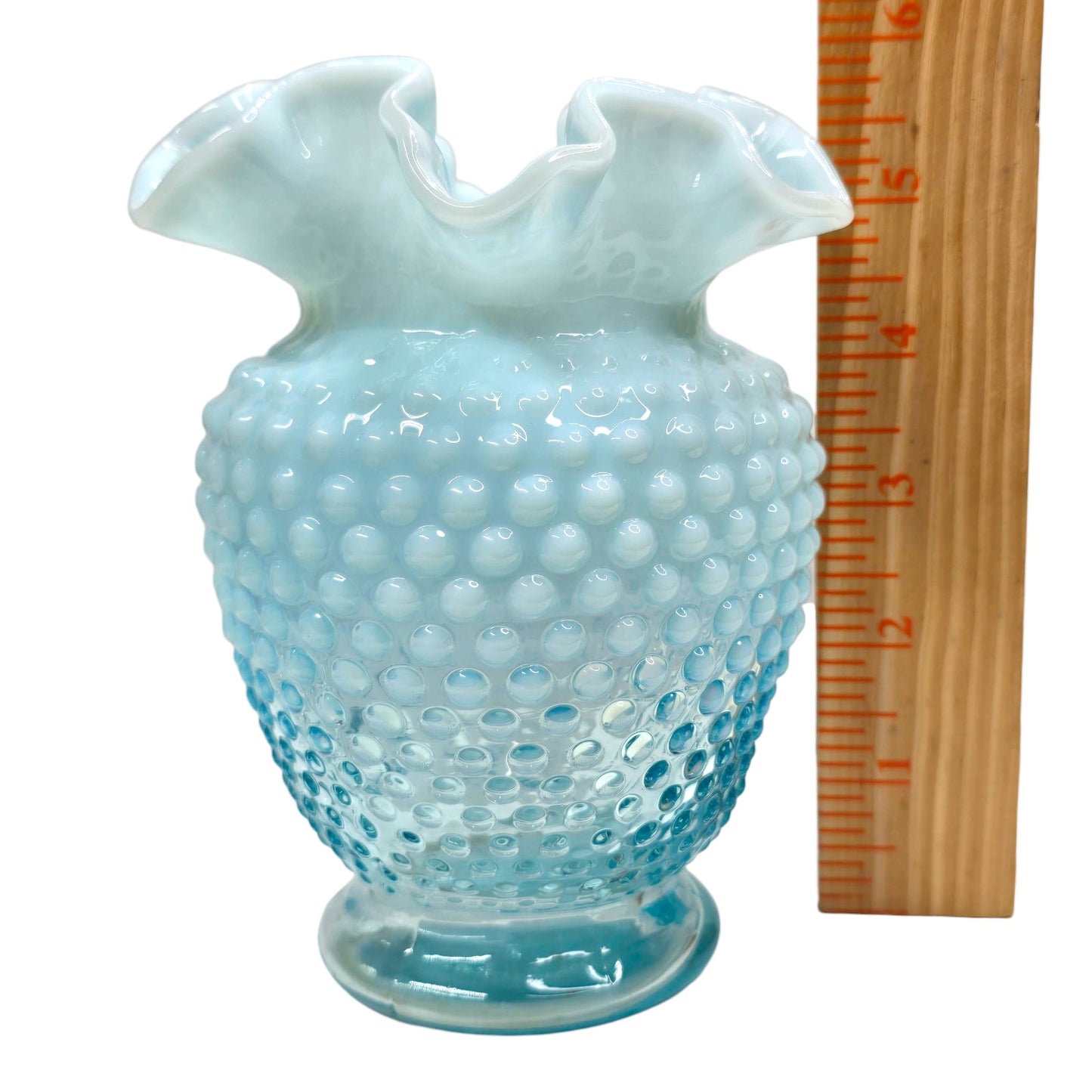 Fenton Aqua Blue Opalescent Hobnail Vase Uranium Reactive Ruffled Top Art Glass