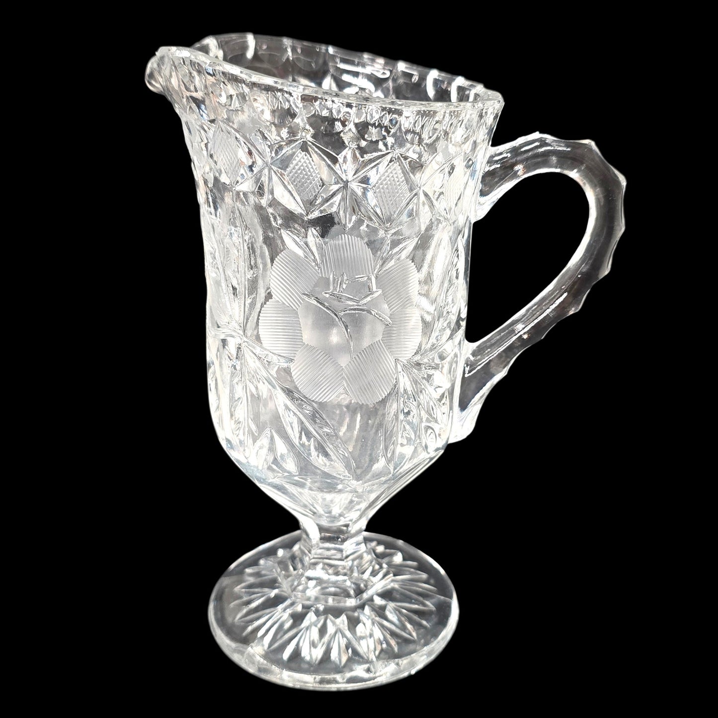 1930's Clear Selenium Glass Creamer & Sugar Set - Frosted Rose - 365nm Pink Glow