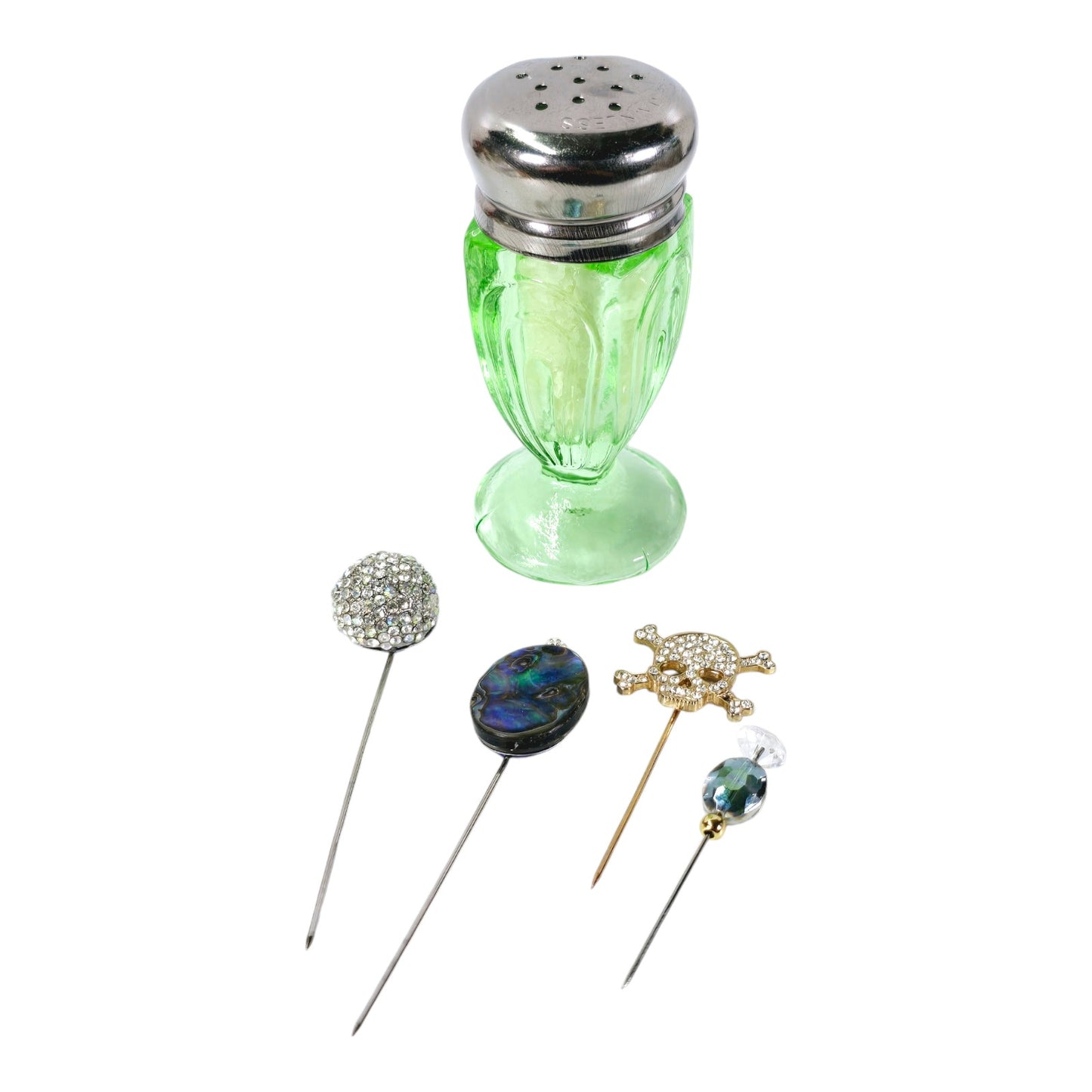 Green Uranium Glass Salt Shaker Stick Pin Display, 4 Pins, Skull, Glowy, Sparkles, 5.5" H with Pins