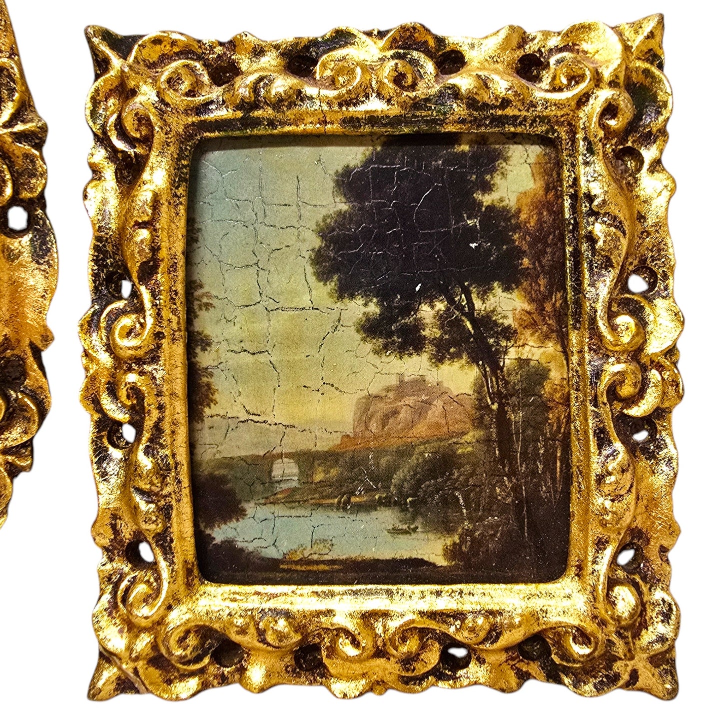 As IS Set of 3 Vtg Italian Ornate Framed Art Repro Gold Frame Boy w/ Dog, Bridge