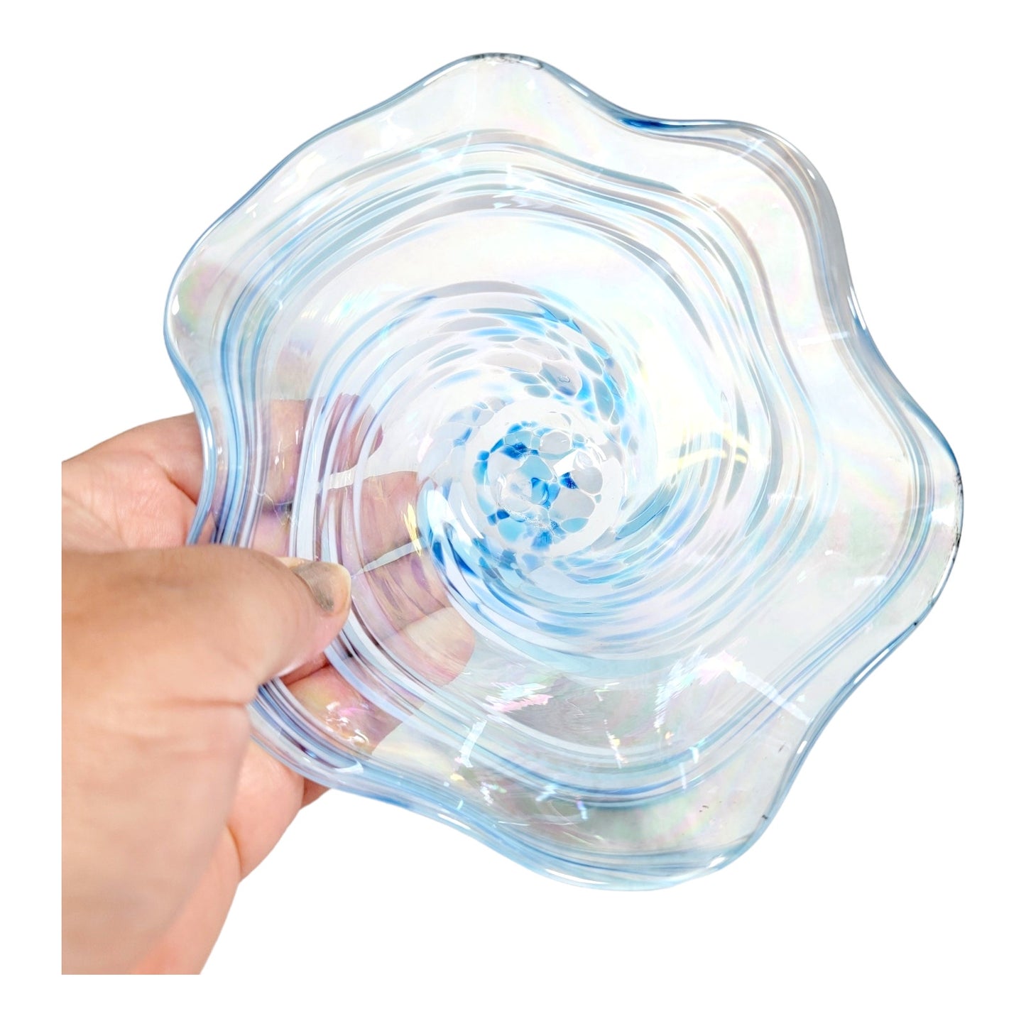 Glass Eye Studio Hand Blown Ruffled Glass Bowl Blue and White Iridescent 6" W