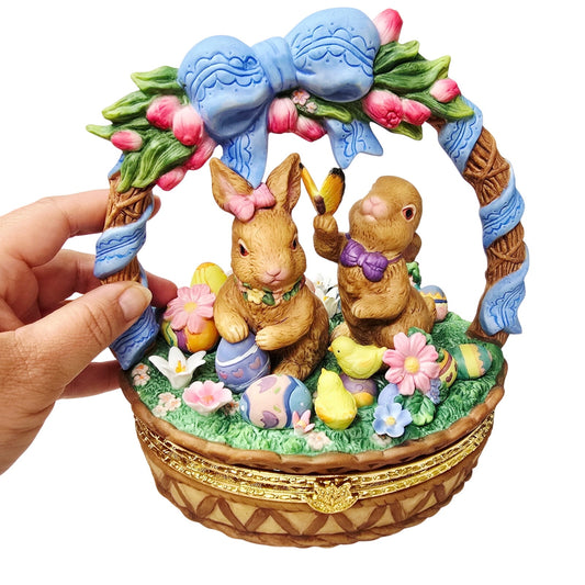 Large 9" Porcelain Easter Bunny Basket Lidded Centerpiece