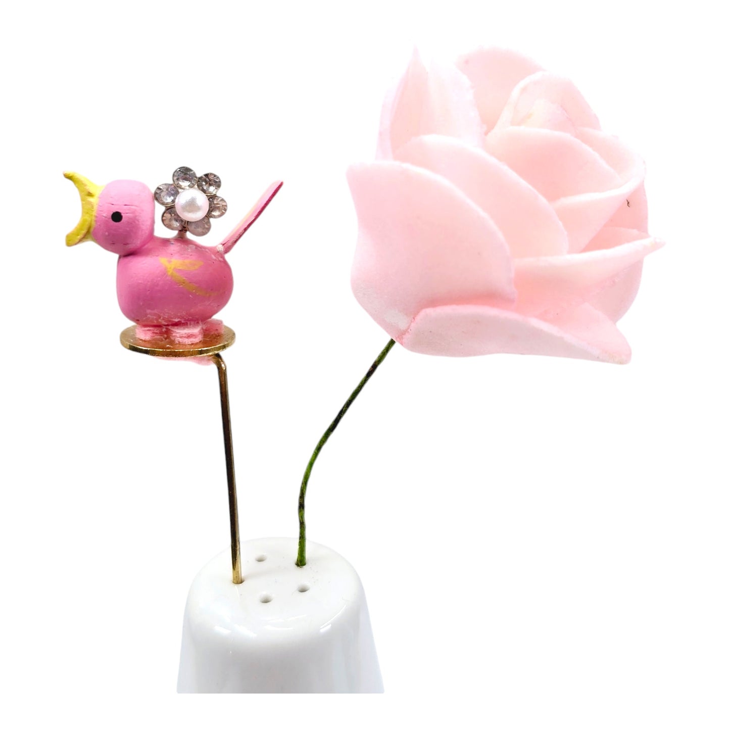 White Salt Shaker Display with Pink Bird and Pink Rose