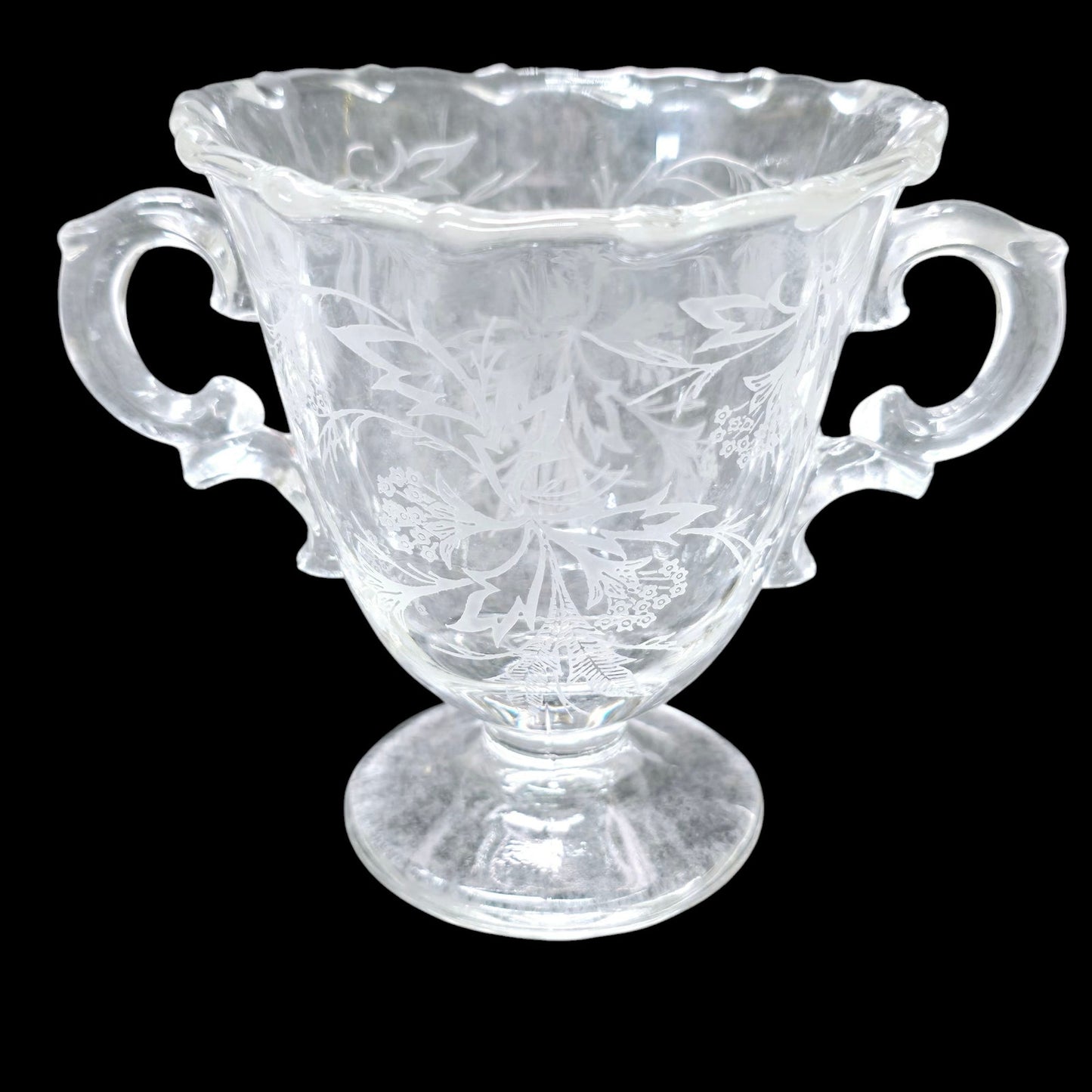 Vtg Fostoria Heather Glass Sugar Jar w/ Handles Baroque Style Floral Leaf Pattern