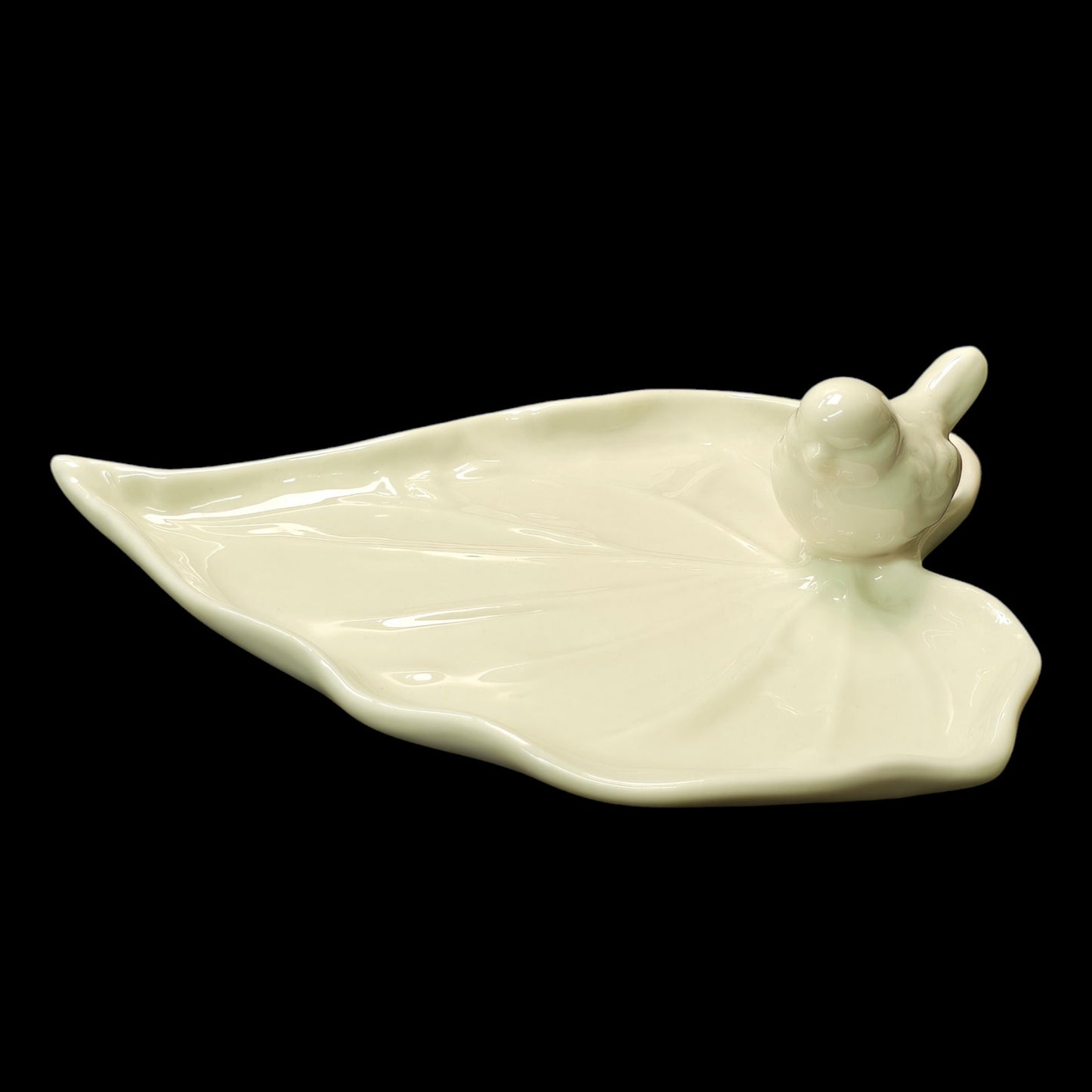 White Ceramic Song Bird on Leaf Jewelry Tray