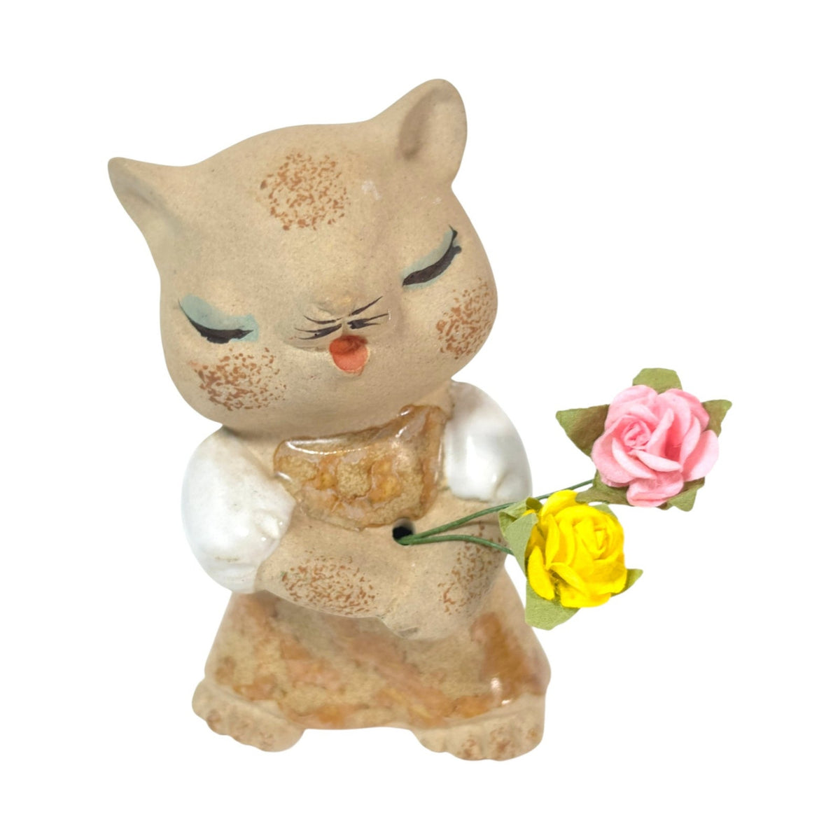 Vintage UCTCI Japan Cat Figurines Pair Boy Girl Flower Holders Speckled Pottery