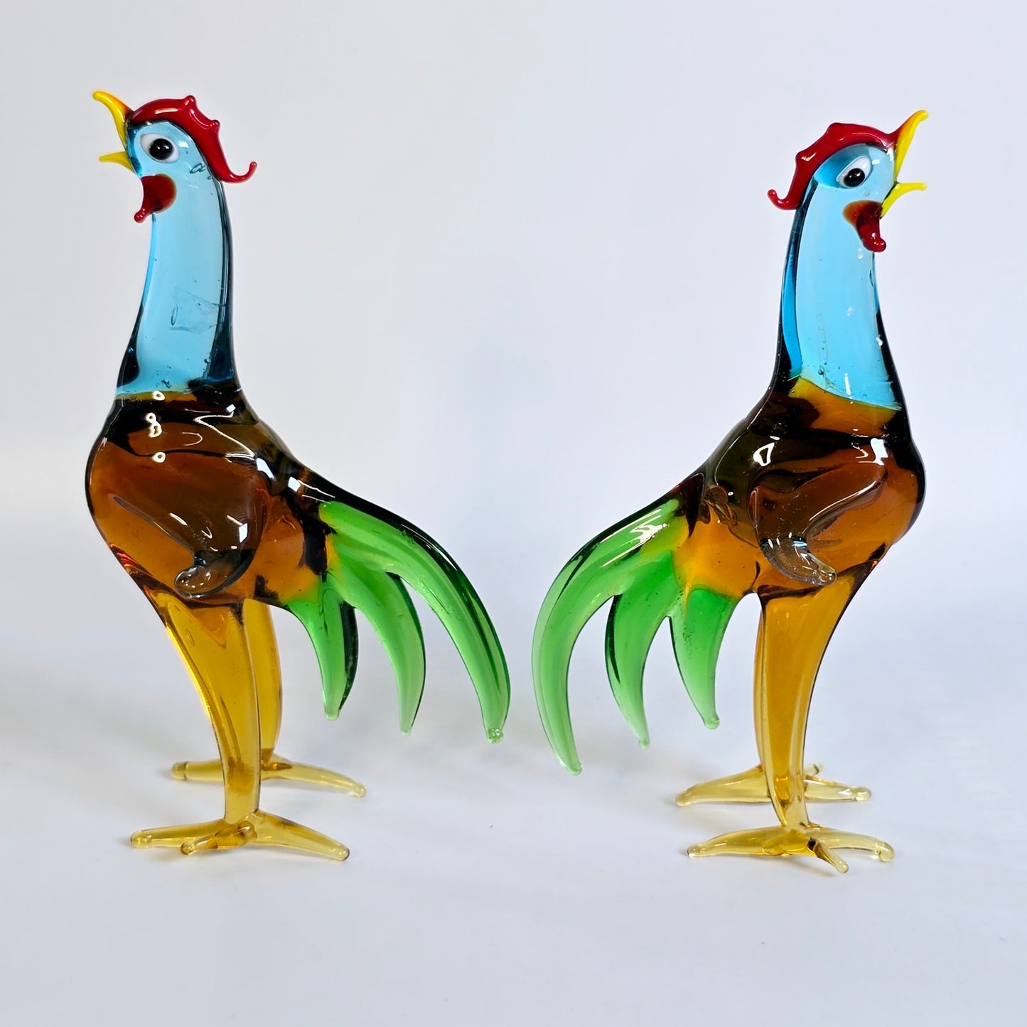 Handblown Pair of Red, Yellow, Blue, Green, Amber, Orange Art Glass Roosters, Stretch Glass Roosters