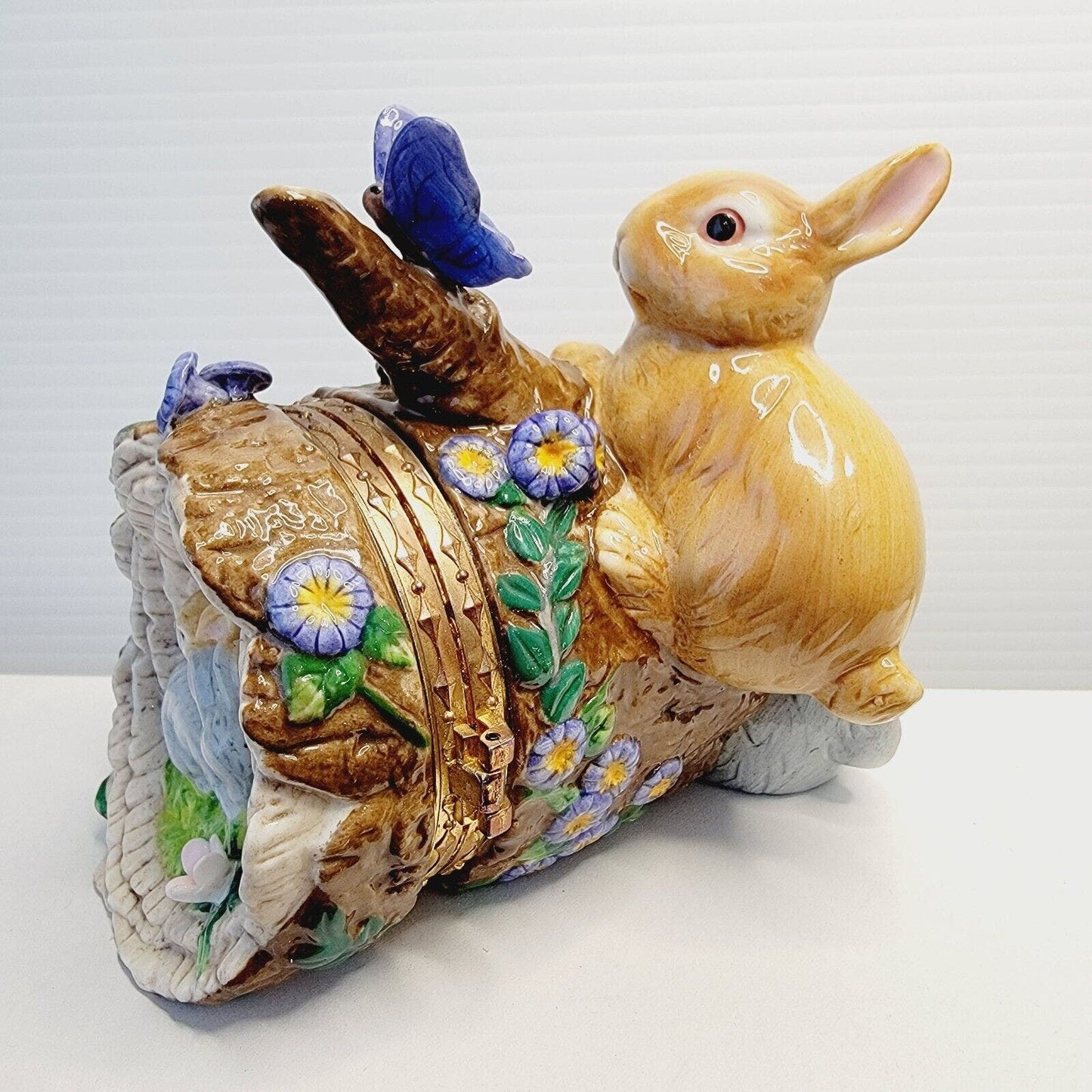 Porcelain Bunny Rabbit Hinged Easter Trinket Box CWC Log Spring Flowers Butterfl