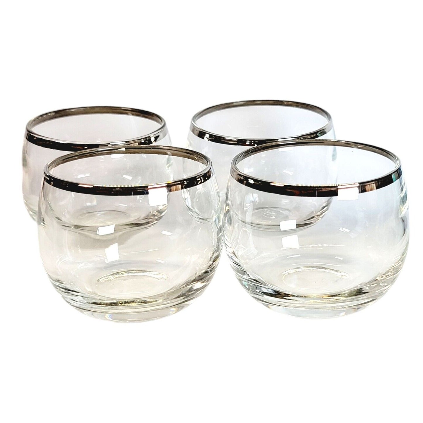 Set Of 4 Roly Poly Glass Tumbler Cups With Silver Rim