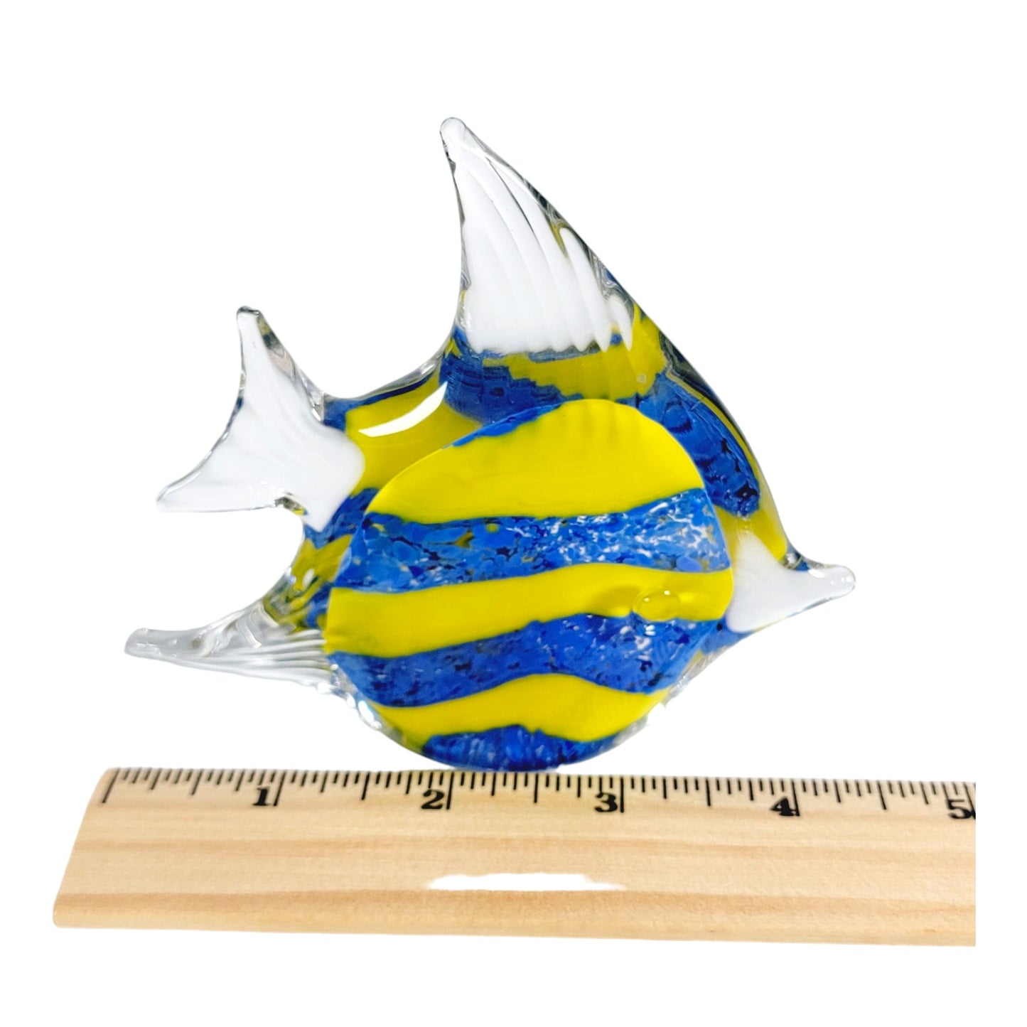 Hand Blown Tropical Fish Figurine Paperweight Blue Yellow Striped 5" Art Glass