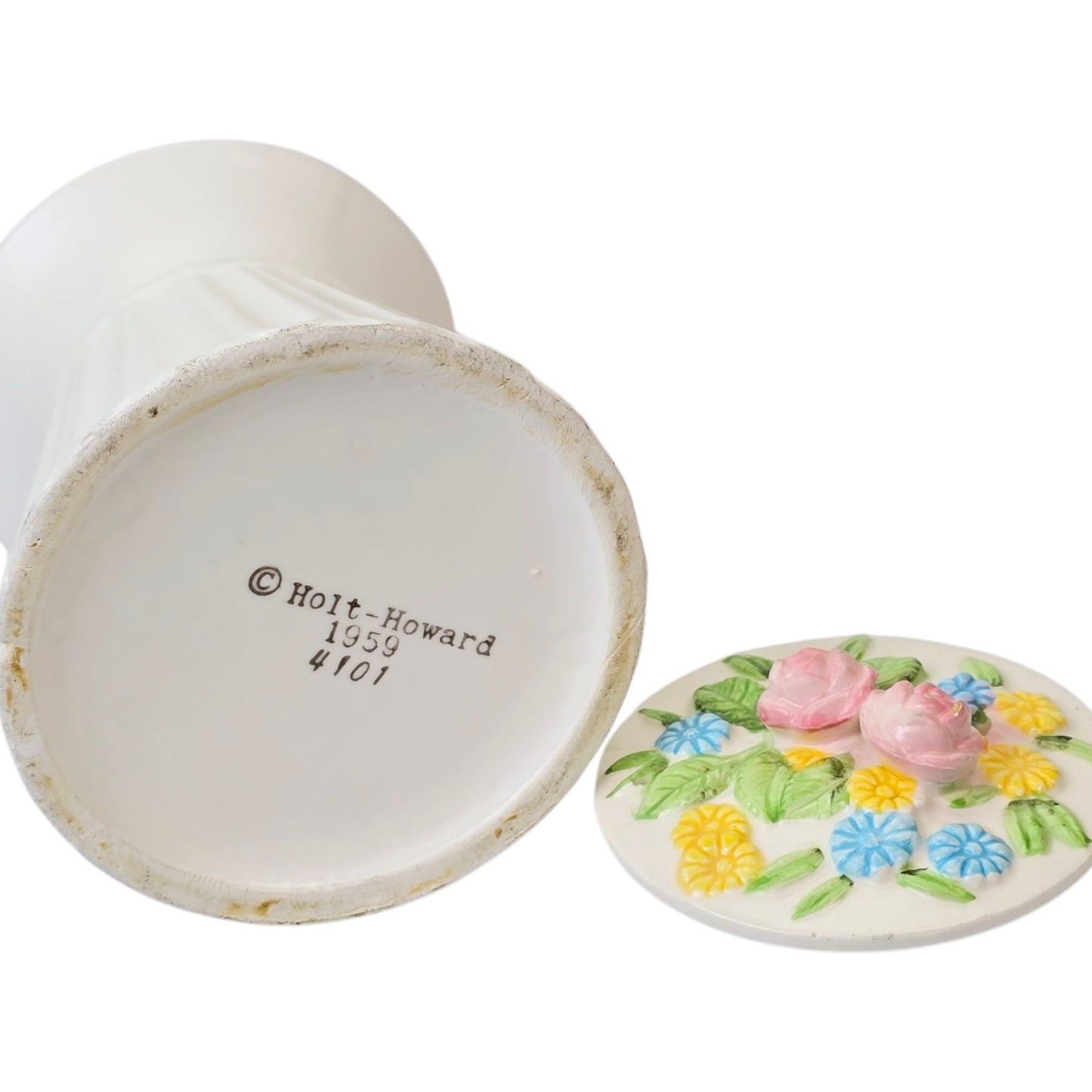 Vintage 1959 Holt Howard Spring Jar, Sugar Jar, Pink Yellow and Blue Flowers