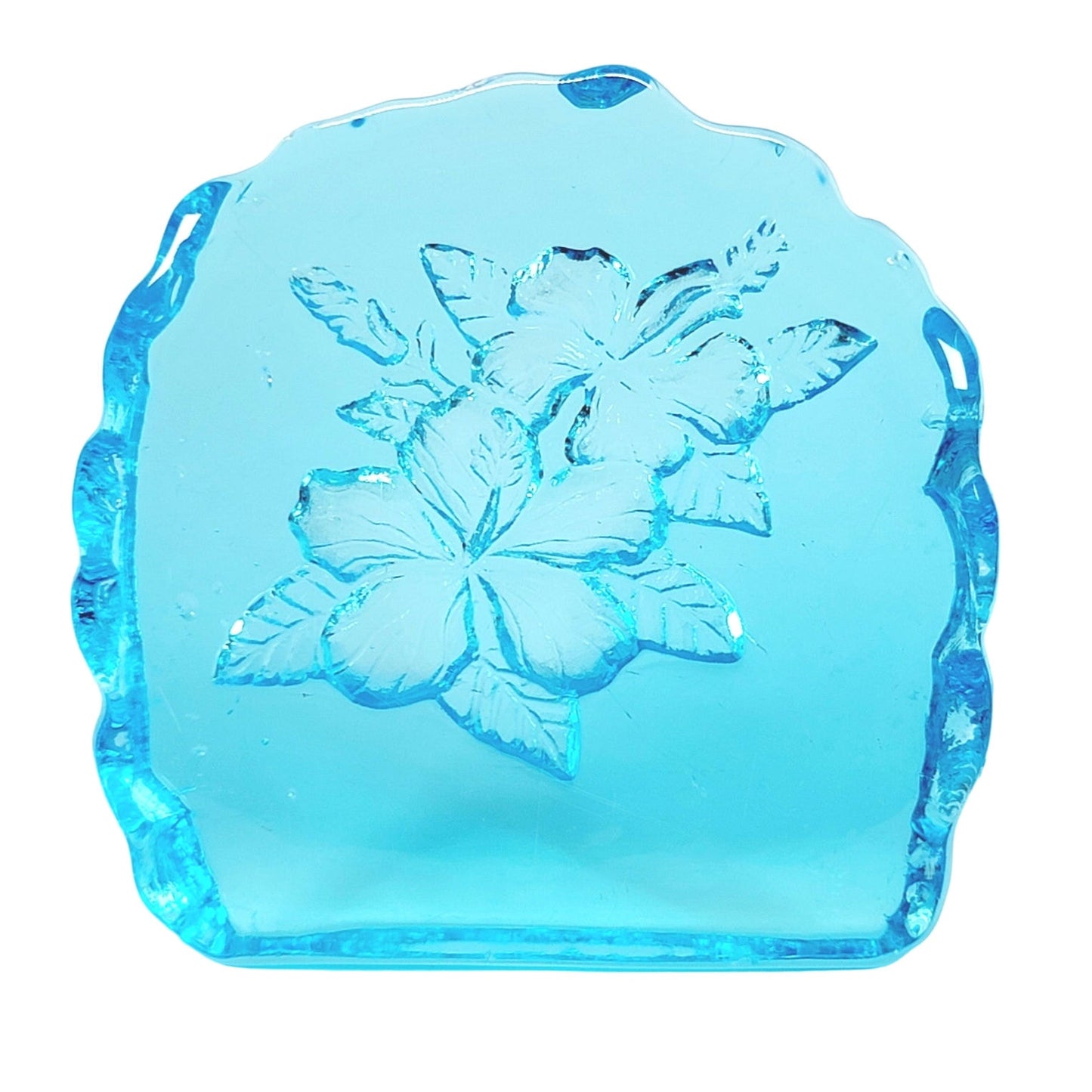 Blue Glass Hibiscus 🌺 Reverse Carved Crystal Art Glass Paperweight