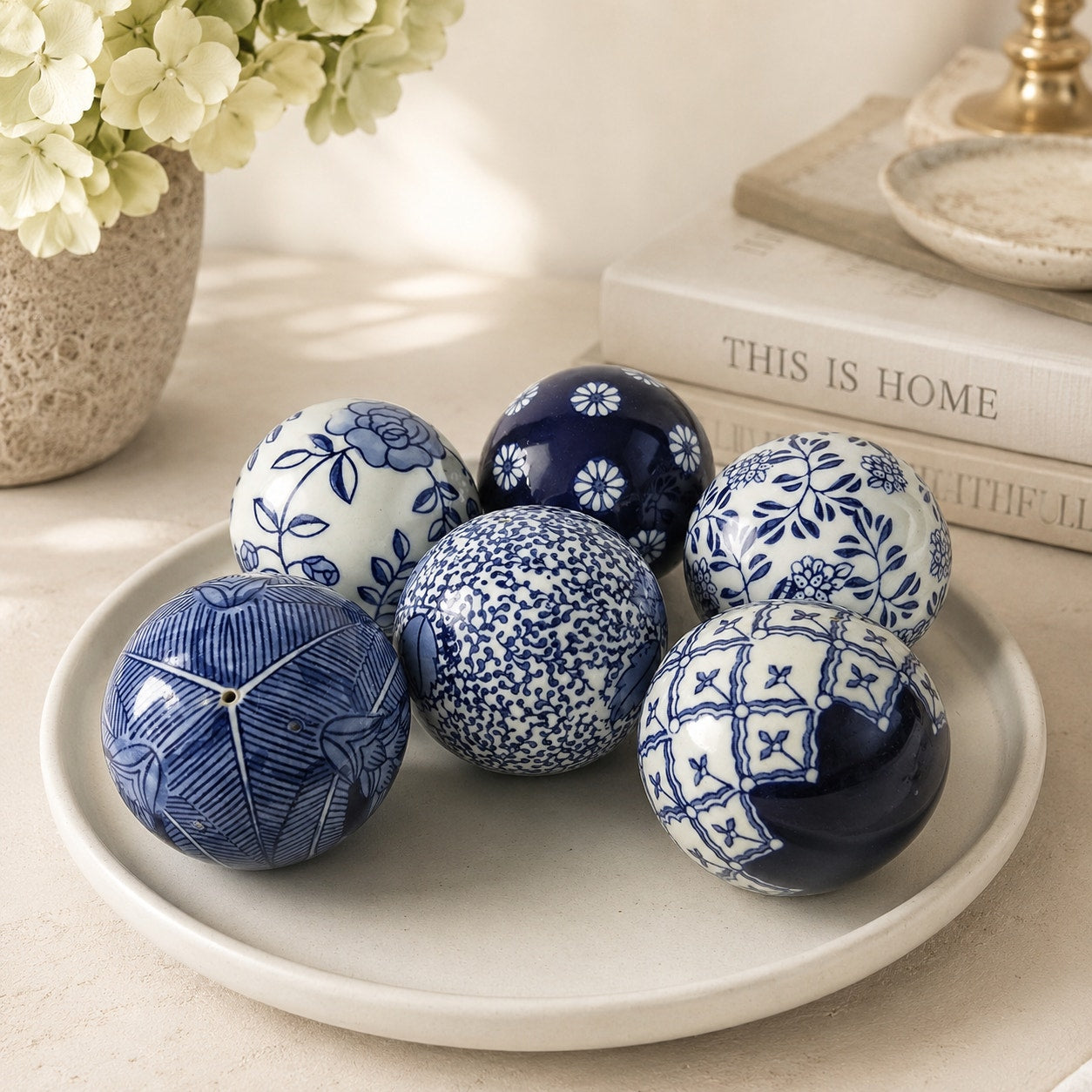 Blue and White Ceramic Decorative Orbs Set of 6 Chinoiserie Style Home Decor