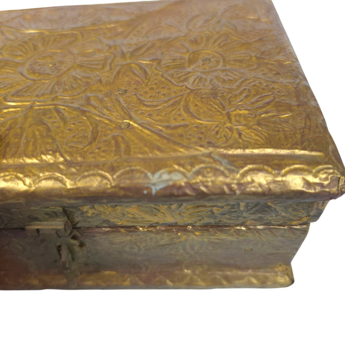 (Reserved for Customer) Vintage Embossed Repousse Brass Jewelry Box Red Velvet Lined Ornate Features