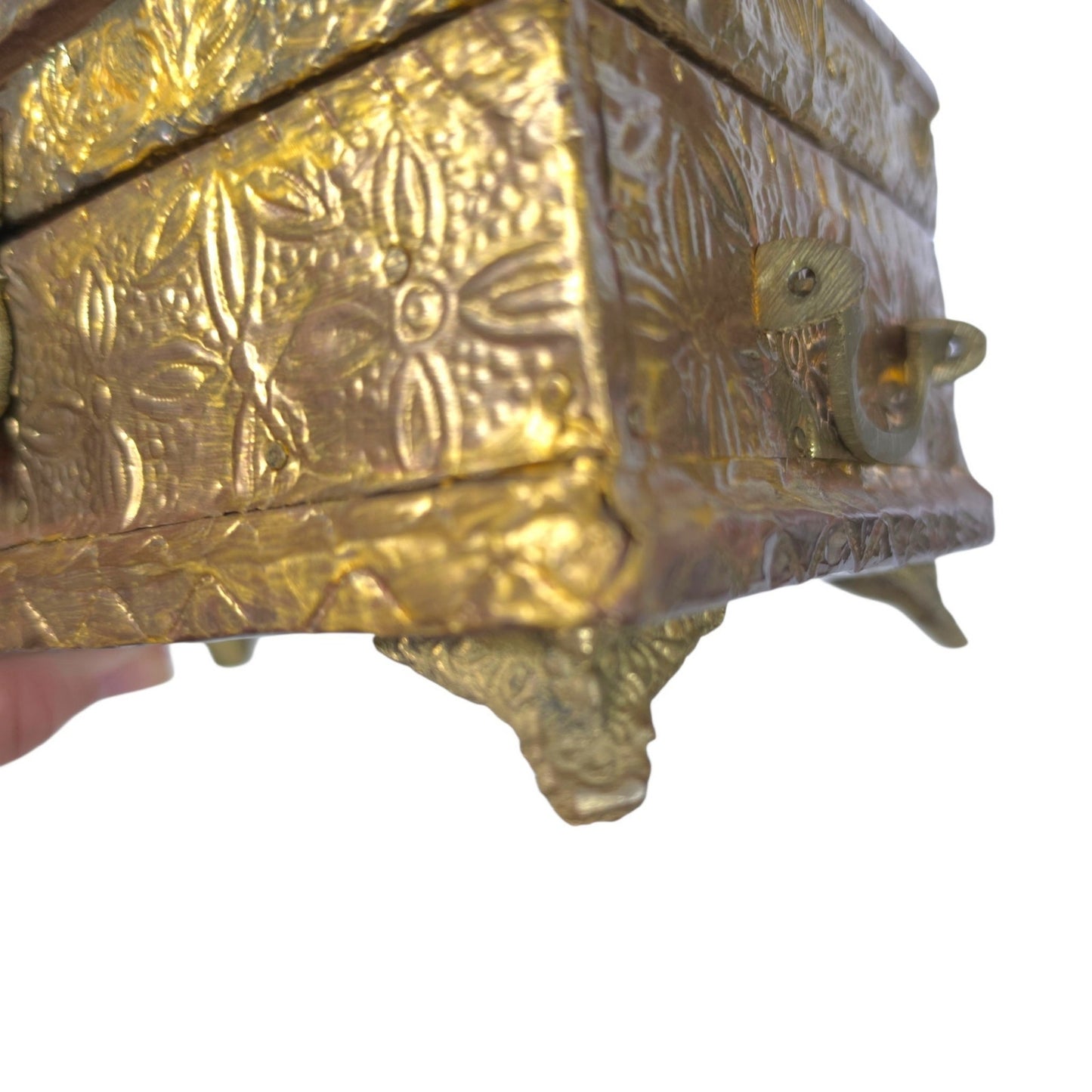 (Reserved for Customer) Vintage Embossed Repousse Brass Jewelry Box Red Velvet Lined Ornate Features