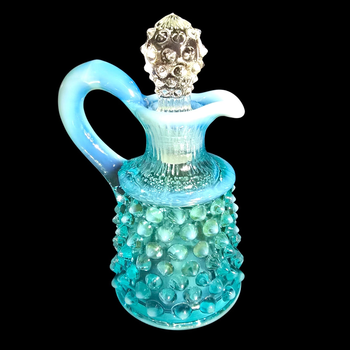 Fenton Blue Opalescent Hobnail Cruet w/ Stopper Uranium Reactive Art Glass