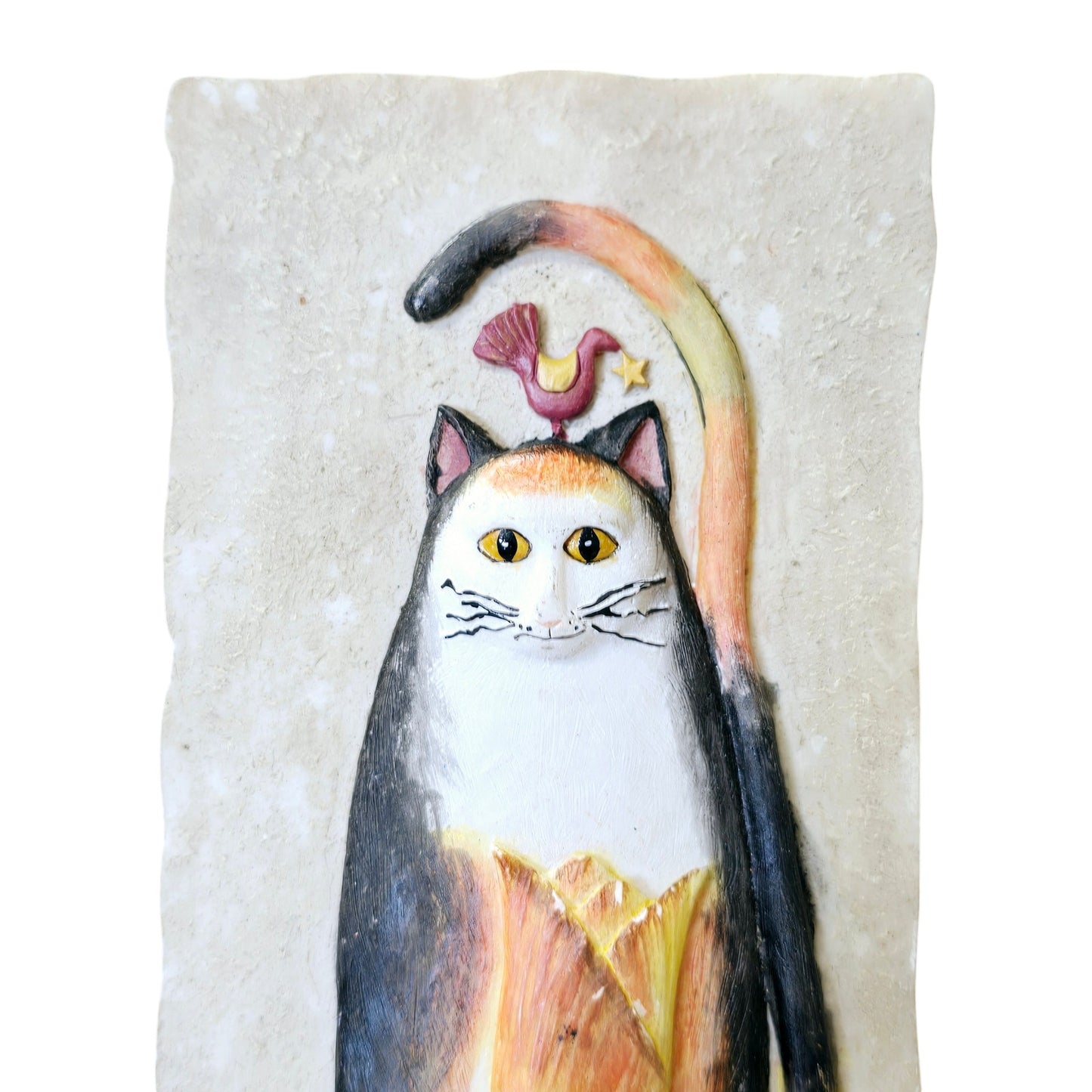 E. Smithson Signed Folk Art Resin 3D Cat Plaque Wall Art with Tulip and Bird