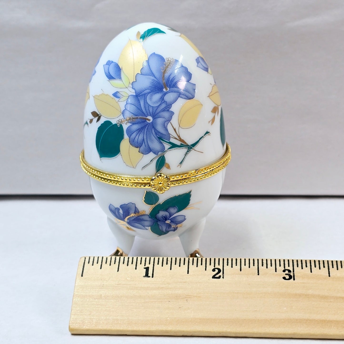 Vintage Porcelain Footed Hinged Egg Trinket Box, Purple and Yellow Floral