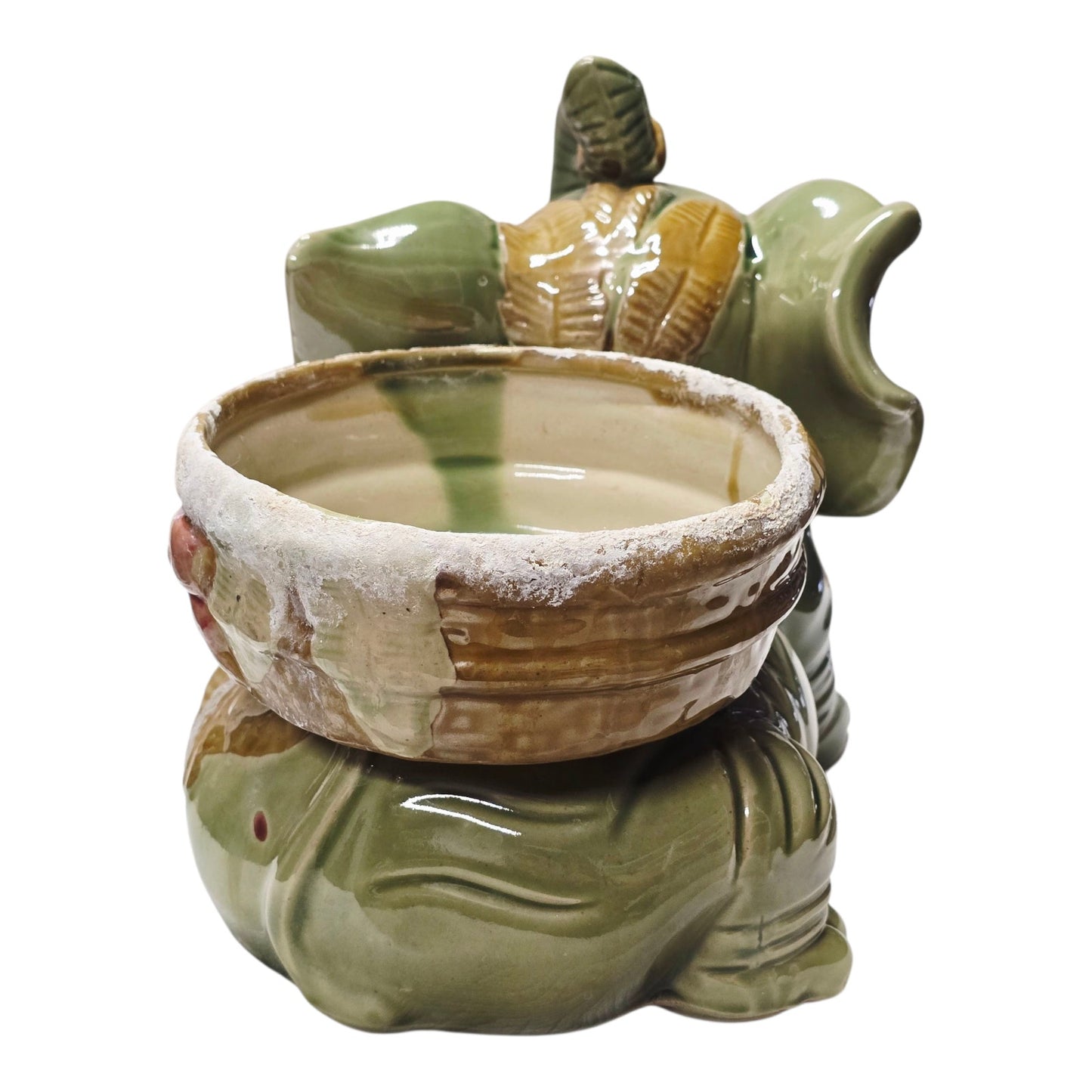 (Reserved for Customer) Large Vtg Green Ceramic Elephant Planter Raised Trunk Pink Bow 11" Japan