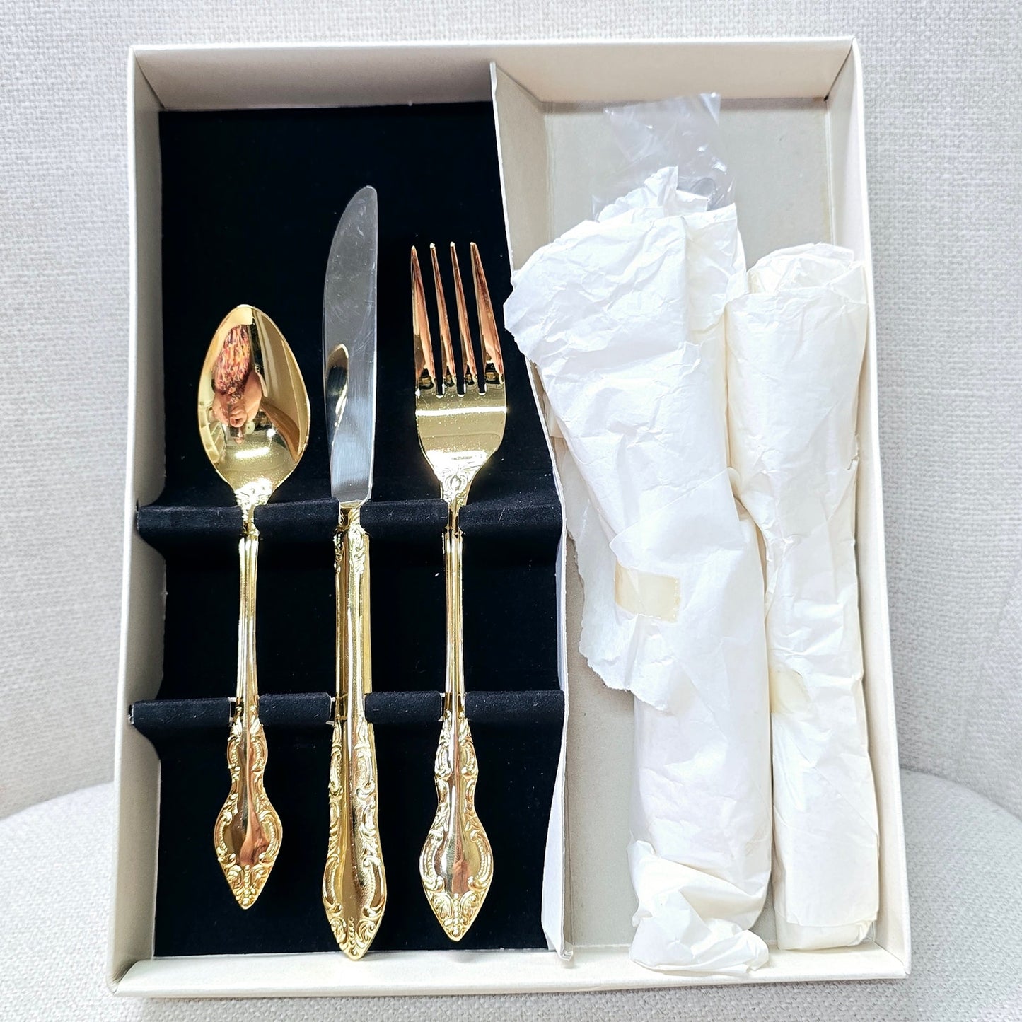 Vintage NIB Golden Nachez 20-Piece Service for 4 Rogers by Kenwood Silver Co., Gold Tone Stainless Steel Silverware