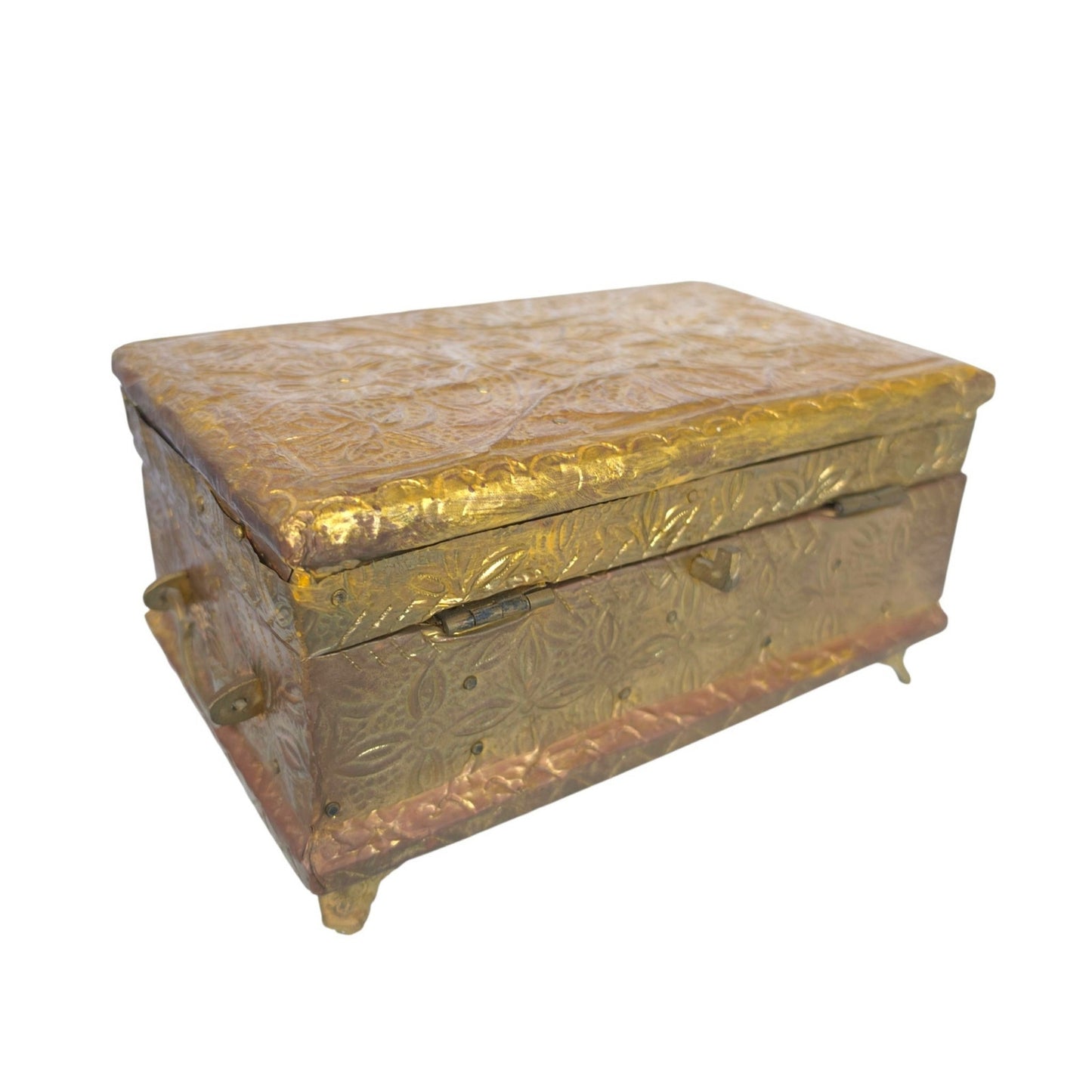 (Reserved for Customer) Vintage Embossed Repousse Brass Jewelry Box Red Velvet Lined Ornate Features