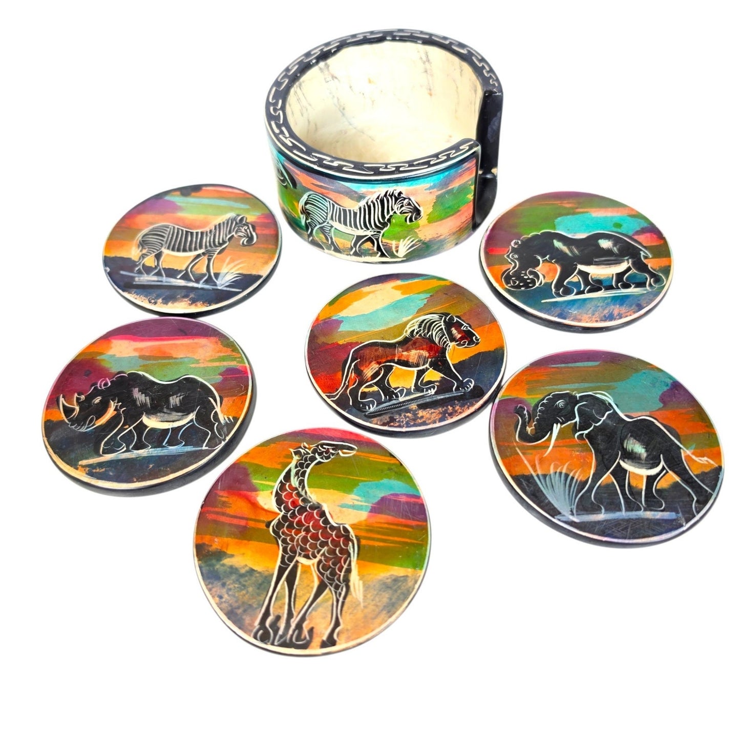 Vintage Serengeti Sunset Soapstone Coasters African Wildlife Holder Set