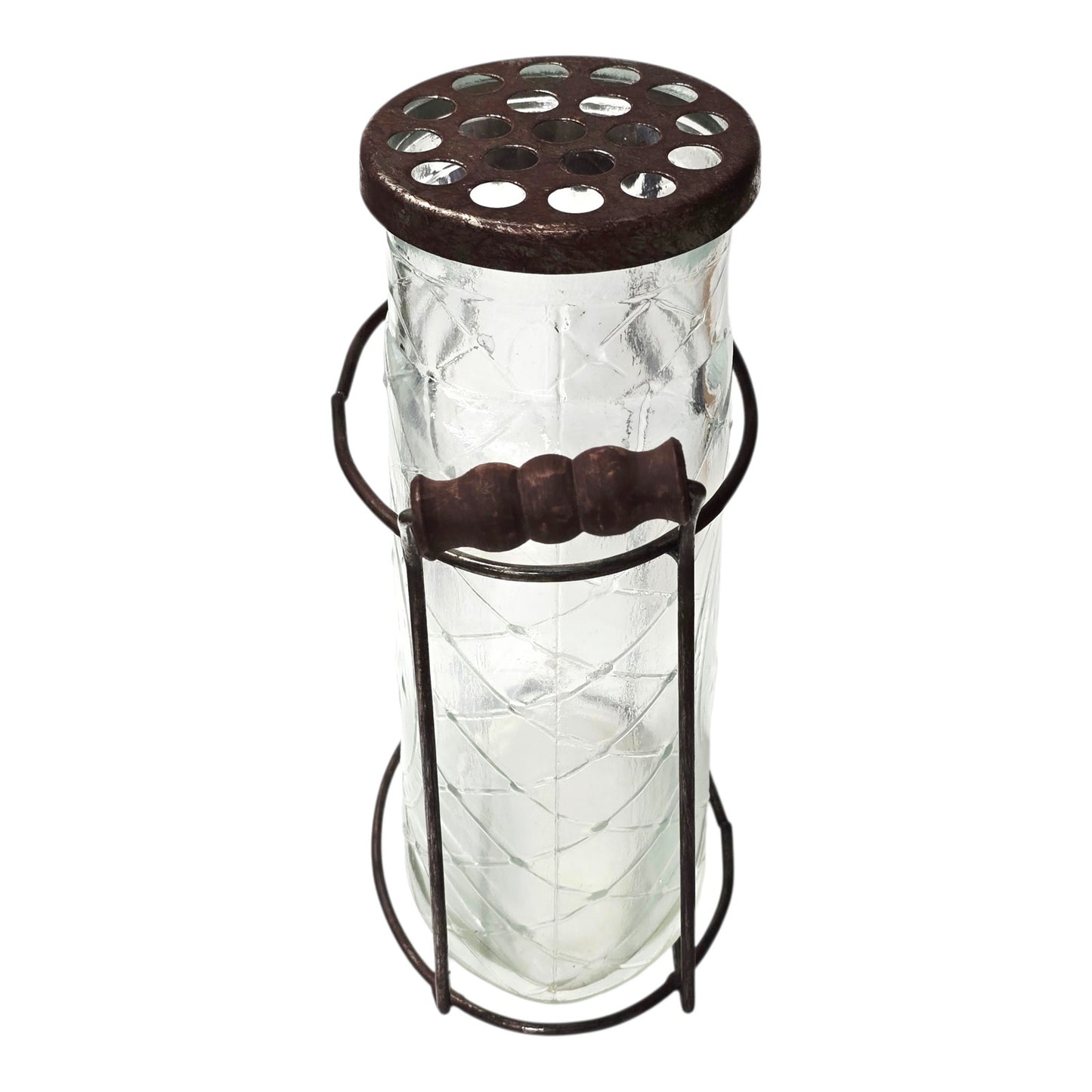 Rustic Farmhouse Glass Floral Vase with Fixed Flower Frog Lid & Wire Caddy