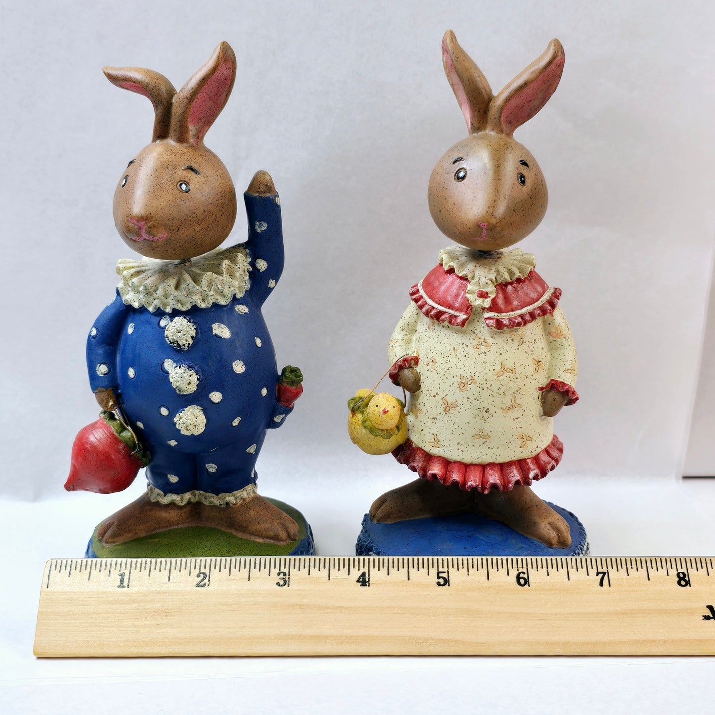 Set of 2 Vintage Bunny Rabbit Bubble Heads, Resin Sweet Dressed up Boy and Girl Bunnies with Baskets, Bobble Head