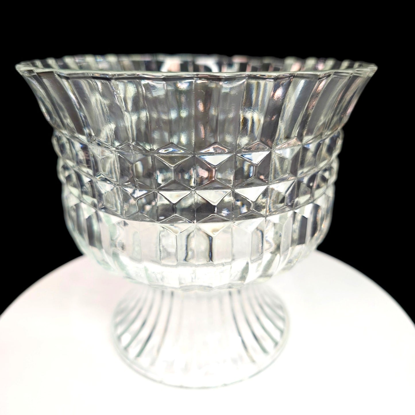 Vintage 1986 Pressed Glass Pedestal Bowl FTDA Diamond Cut & Ribbed Candy Dish