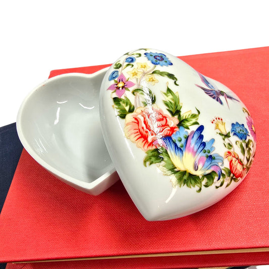 Vtg Floral Heart Porcelain Trinket Box Hummingbird Cottagecore Vanity Jewelry